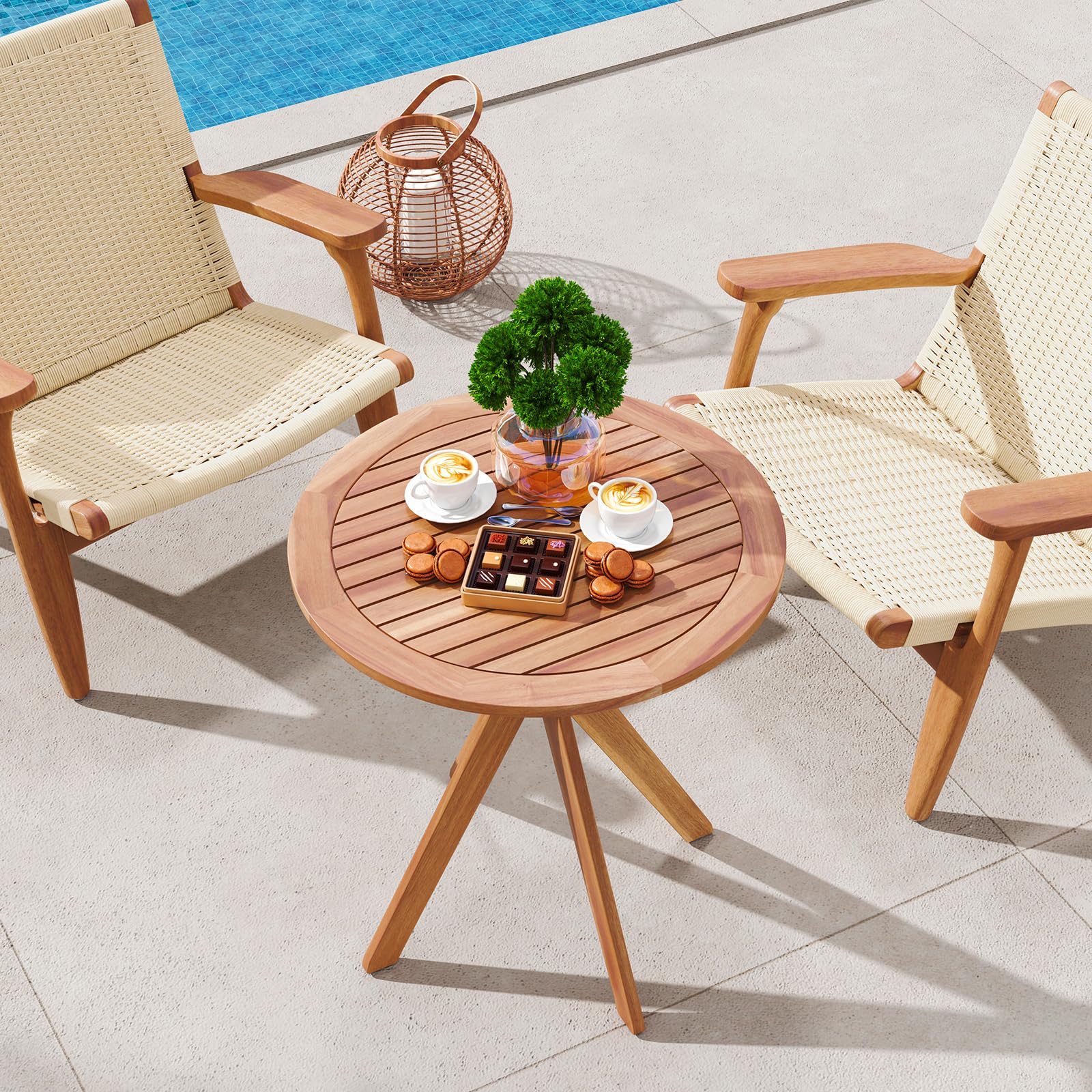 COSTWAY Mesa Auxiliar de Madera para Patio, Mesa de Jardín Redonda de 70 cm con Base de X, Mesa Auxiliar de Café para Jardín, Patio, Sala de Estar
