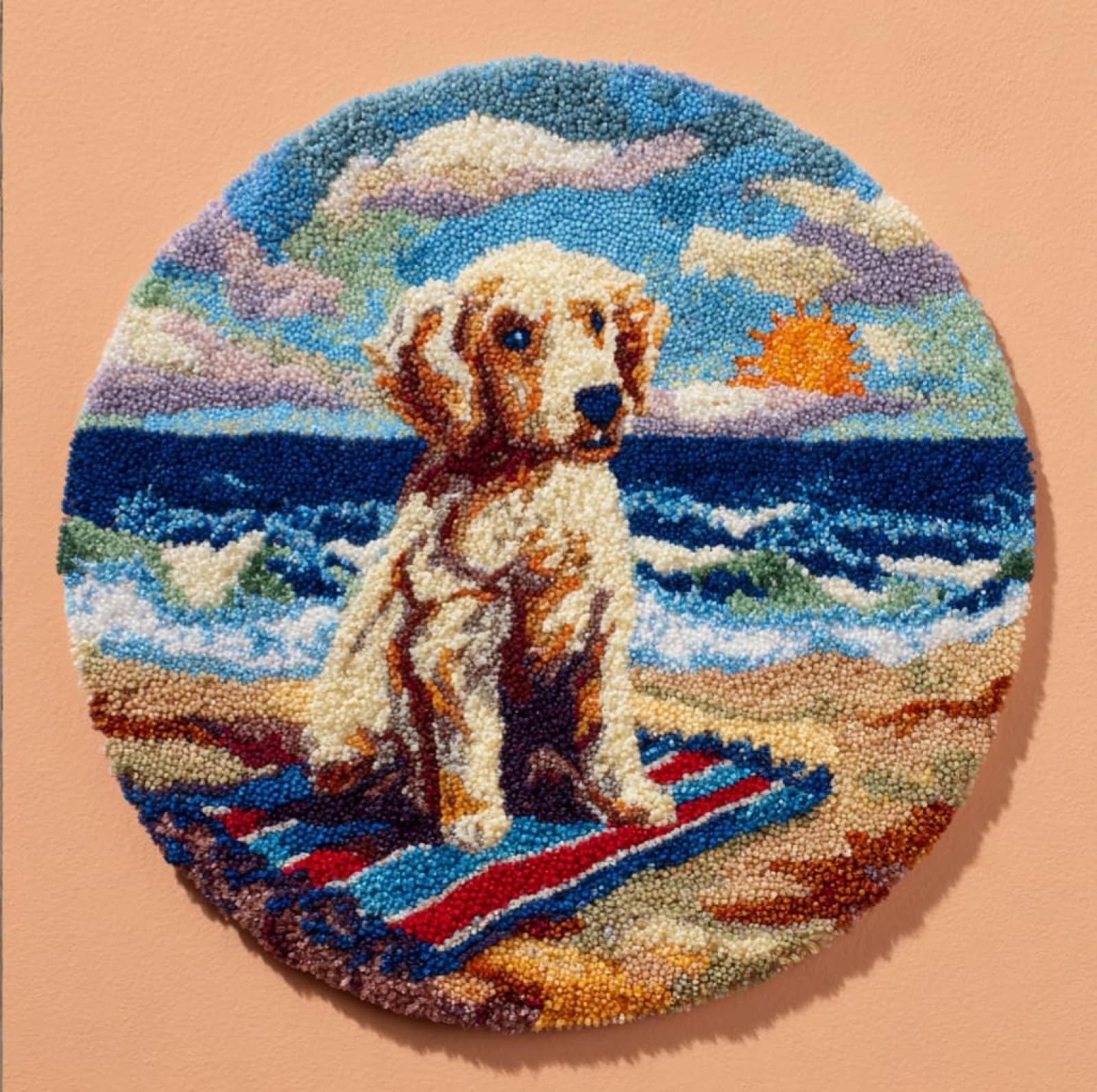 Wallustrioaw 004 Diy Carpet Latch Hook Kits,Dogs On The Beach,Latch Hook Rug Kits For Adults Beginners Diy Needlework Crocheting Rug Home Decor,50X50cm