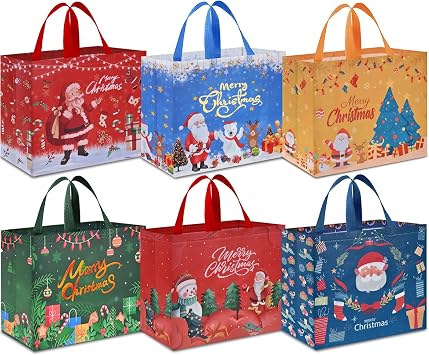 AhfuLife Extra Large Christmas Bags for Gift, 6pcs Reusable Christmas Tote Bags with Handles, Multipack Non-woven Xmas Treat Shopping Bag for Presents Xmas Party Decorations, 40 x 36 x 15cm