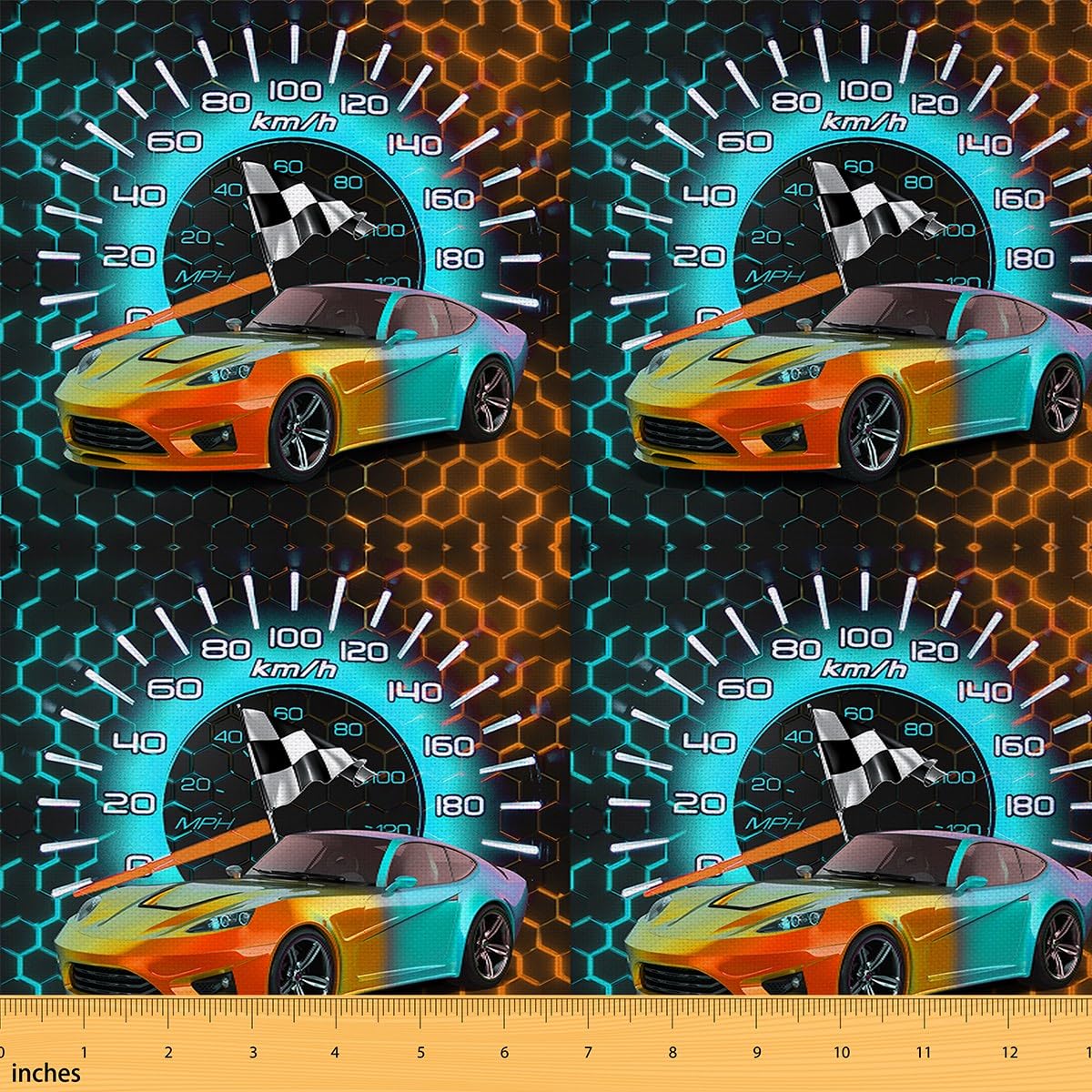 Homemissing Rennwagen Stoff Meterware 276x150cm Rennwagen Dekorative Wasserdichter Patchwork Stoffe Teal Orange Waben Polsterstoff für Stühle Sechseckig Rennwagen DIY Stoffpaket