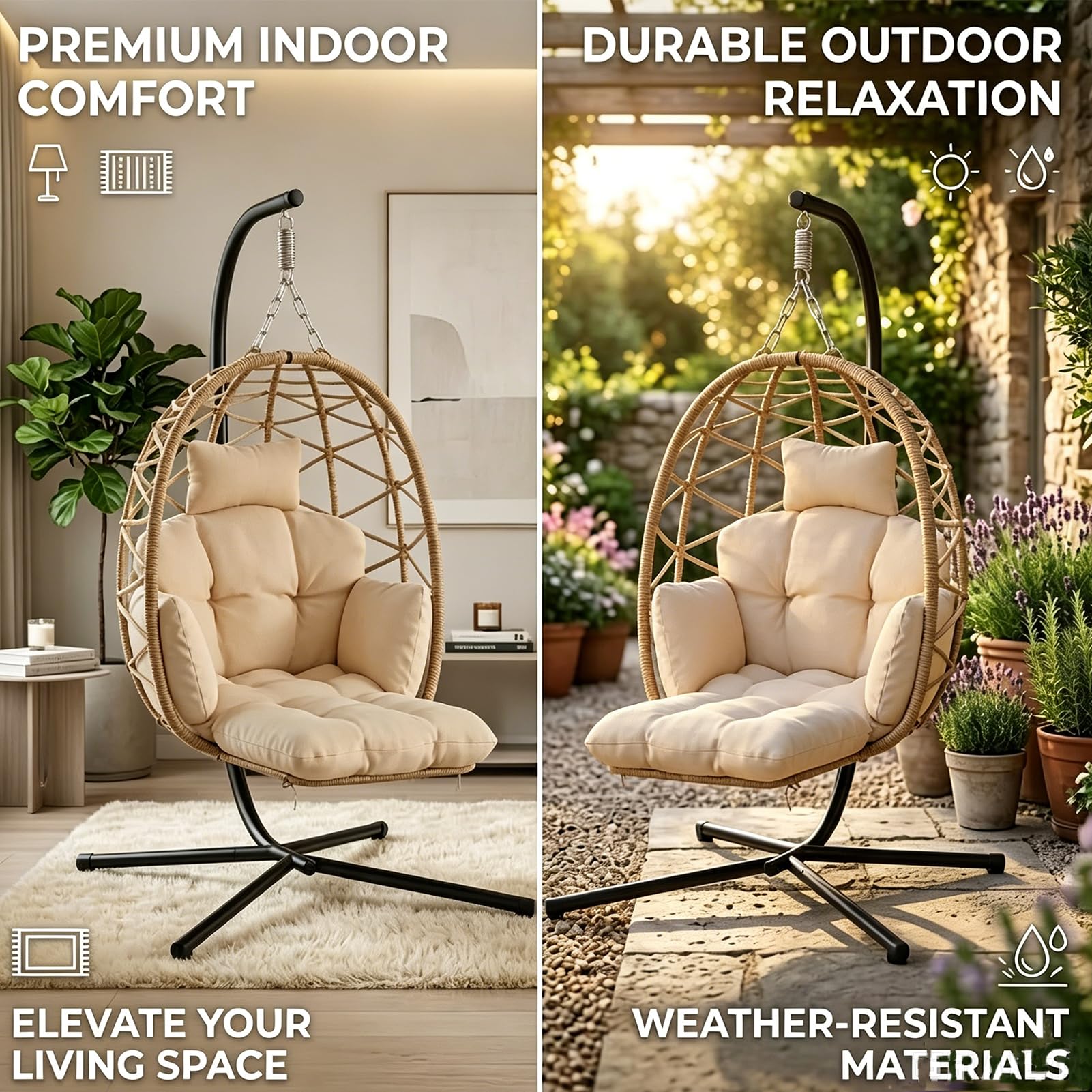 Silla Colgante Exterior, Sillón Colgante, Sillón Huevo con Reposapiés Desmontable, Funda Lavable y Cesta Colgante, Capacidad 150Kg, Interior, y Exterior, Jardín o Terraza
