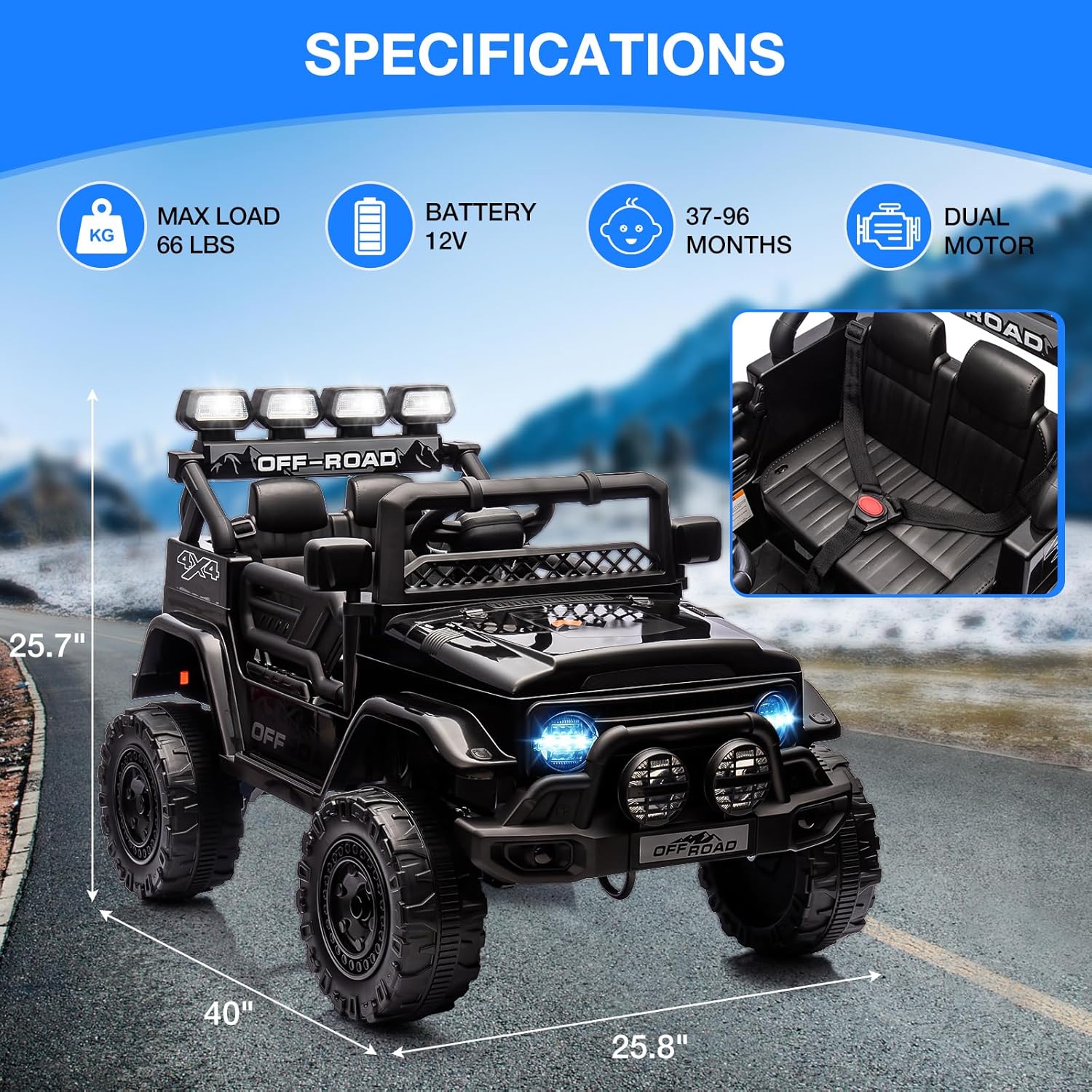 GarveeLife Ride On Truck Car for Kids, 12V Electric Ride On Car with Remote Control, Spring Suspension, Led Lights, Bluetooth, Music & Horn, 3 Speeds