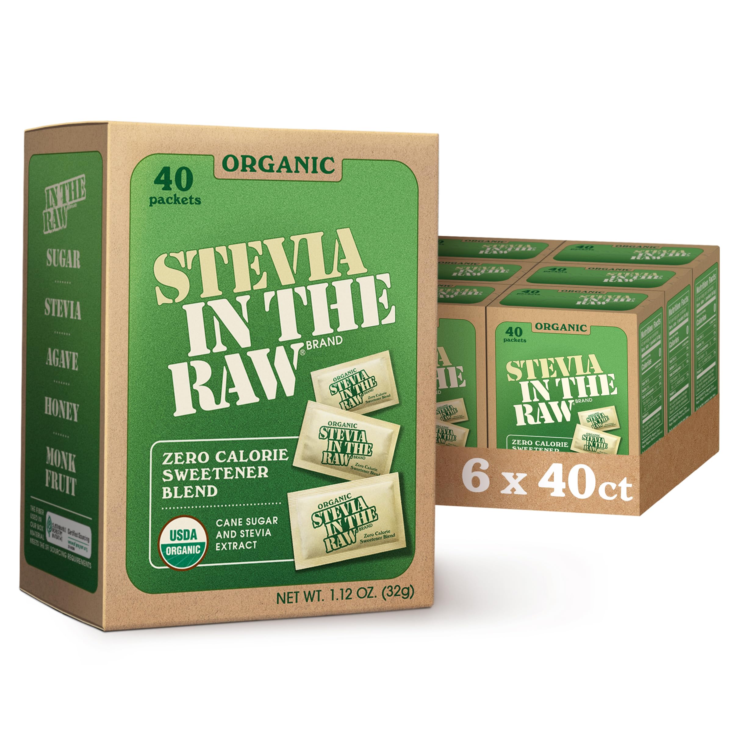 Organic Stevia In The Raw, Plant Based Zero Calorie Natural Sweetener, No Erythritol, Sugar Substitute, Sweetener for Coffee, Hot & Cold Drinks, Non-GMO, Vegan, Gluten-Free, 40 Count Packets (6 Pack)
