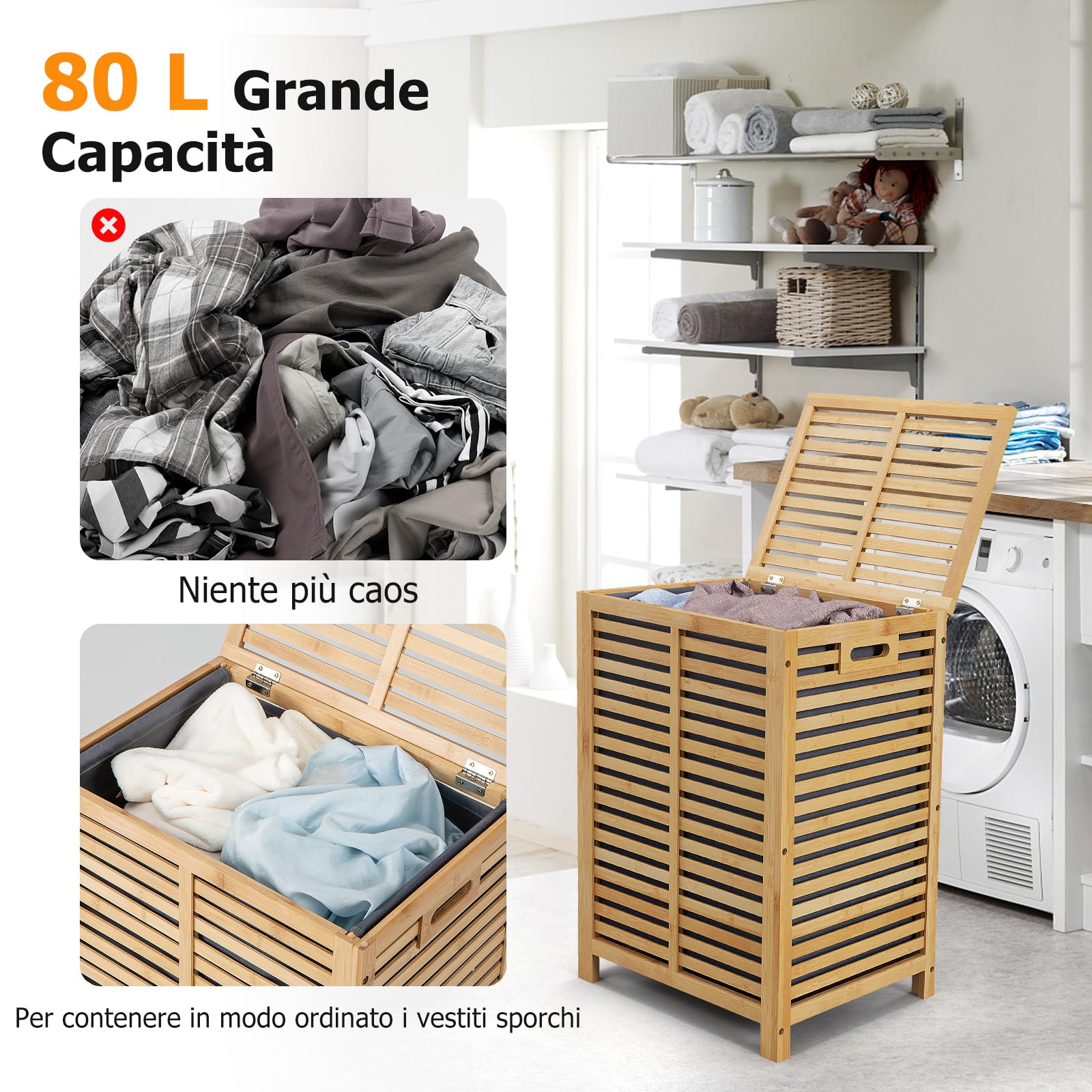 GYMAX Cesta Portabiancheria con Coperchio, 80 L Porta Biancheria in Bambù con Manici e Borsa Rimovibile, per Camera, Bagno, Dormitorio e Lavanderia, 50 x 35 x 62 cm