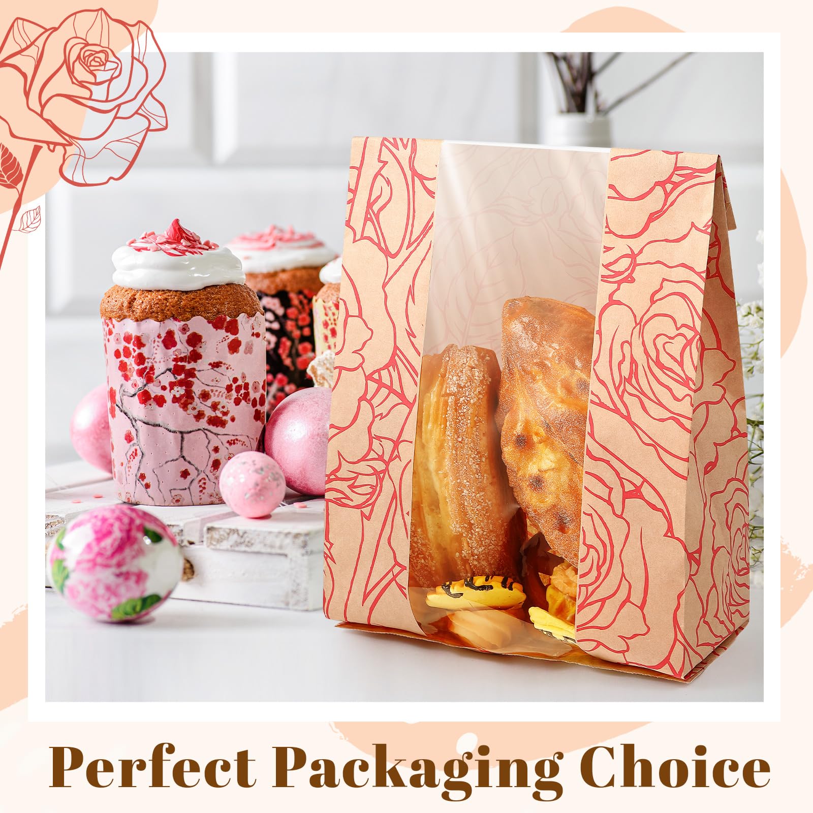 Paquete de 100 bolsas de pan a granel para pan casero, bolsas de pan kraft de masa madre con 500 calcomanías de amor, bolsas de papel grandes con ventana transparente para almacenamiento de