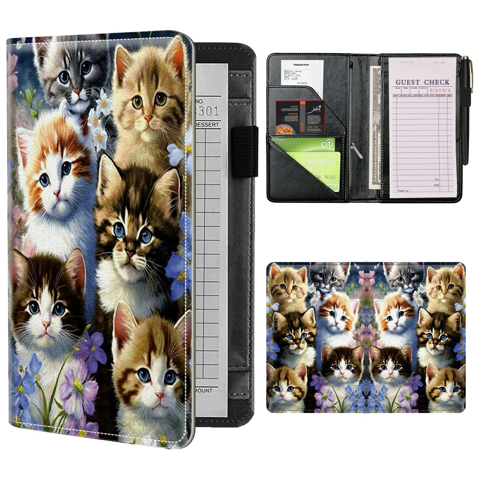 Server Books for Waitress Waiter with Zipper Pocket, Cats Family Leather Server Pads Waitstaff Organizer Guest Check Presenters Server Wallet Money Holder Pouch Fit Apron