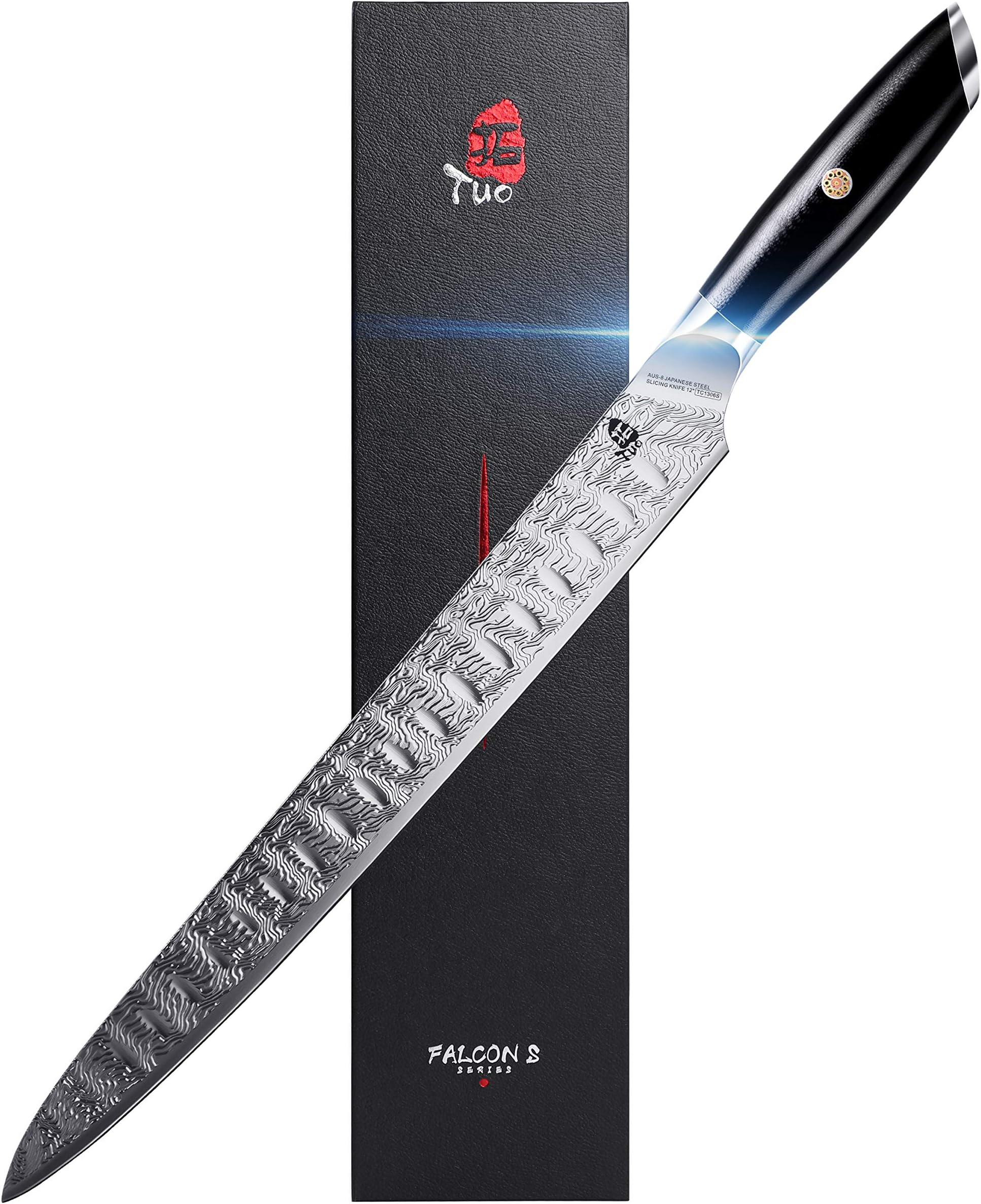 TUOSlicing Knife 12 inch - Slicing Carving Knife for Brisket Turkey Meat, AUS-8 Japanese Stainless Steel with Full Tang G10 Handle - Falcon S Series with Gift Box