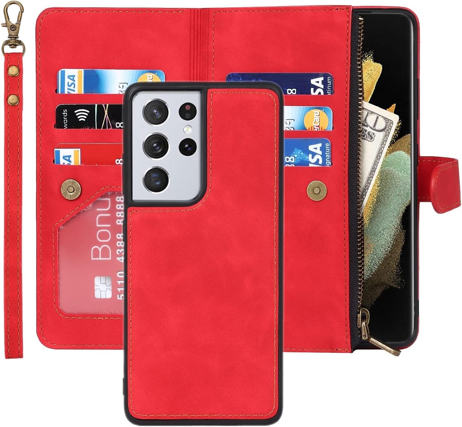 iCoverCase for Samsung Galaxy S21 Ultra 5G Wallet Case with Card Holder, 2 in 1 PU Leather Case with Magnetic Clasp Zipper Pocket Shockproof Detachable Flip Case with Wrist Strap (Red)