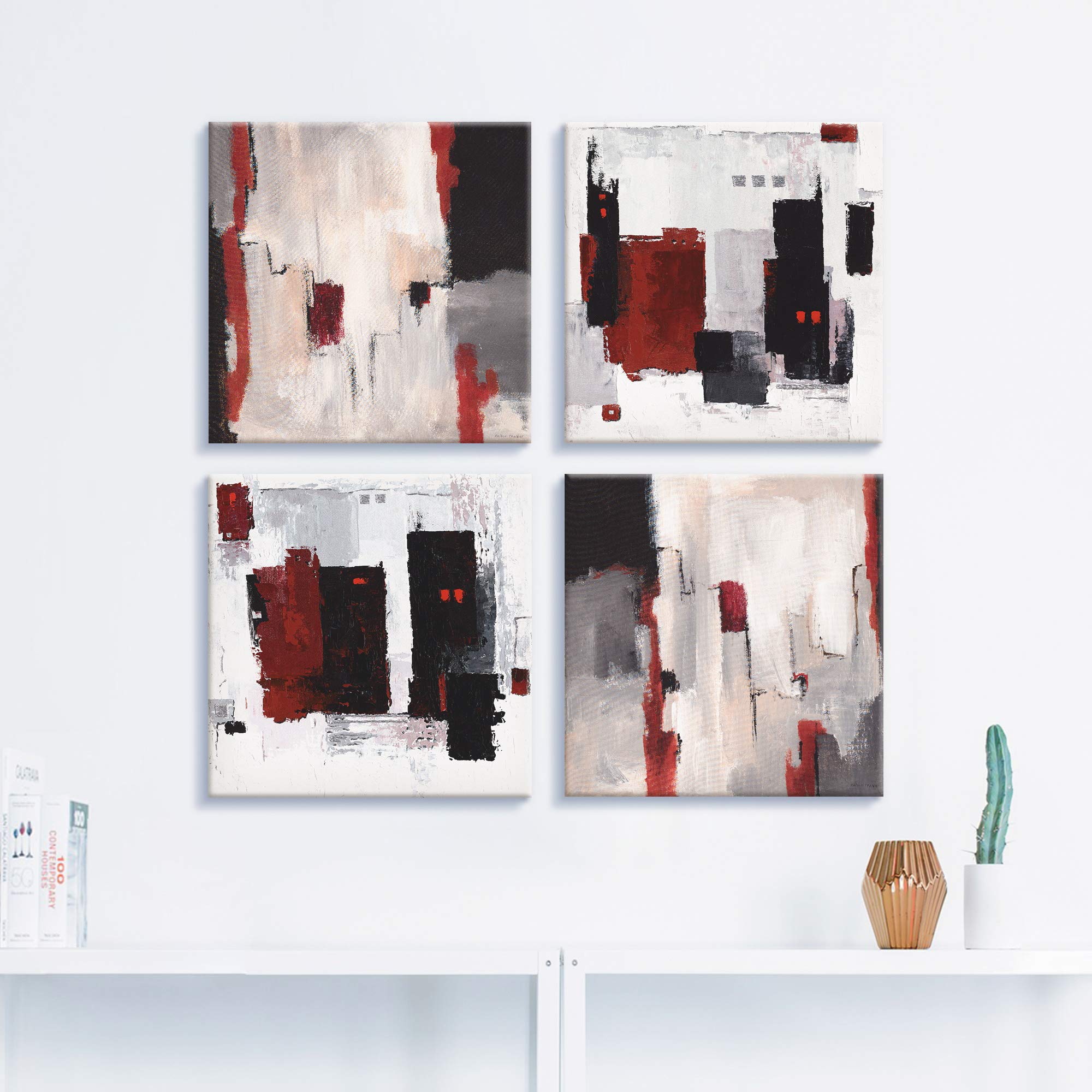 ARTLAND Wanddeko Leinwand Bilder auf Holz Wandbild Bild Set 4 teilig je 40x40 cm Abstrakte Kunst Malerei Modern Abstrakt Art Skandinavisch Rot Grau U1OD
