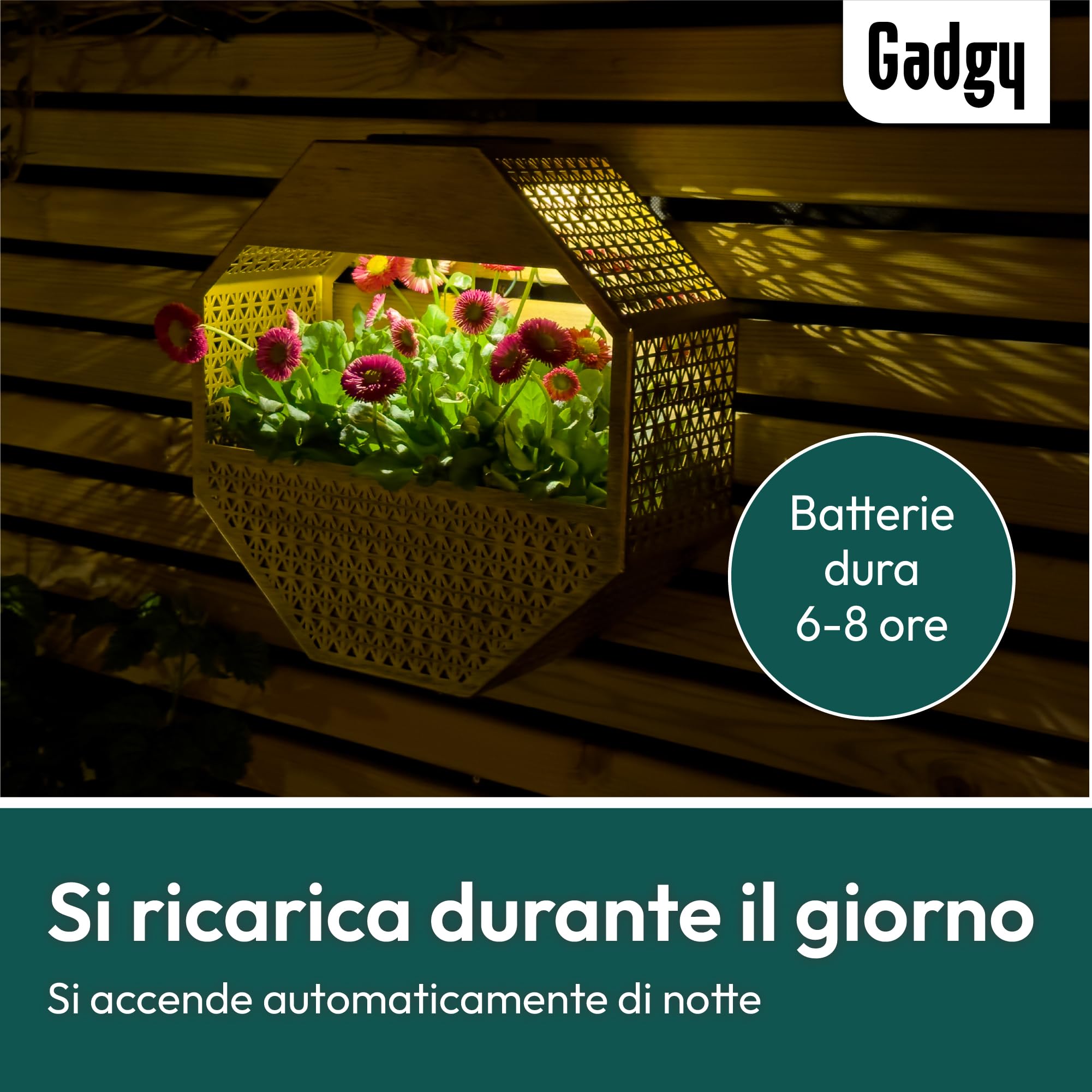 Gadgy Lampada solare da parete con vaso da fiori – Fioriera illuminata per balcone e terrazza – Illuminazione giardino resistente