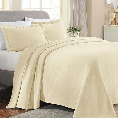 Superior Paisley 3 Piece Cotton Bedspread Set, Home Bed Decor, Decorative Bed Spread, 2 Pillow Shams, Medium Weight Blanket, Matelasse Coverlet Bedding, Vintage Floral Pattern, Queen, Ivory