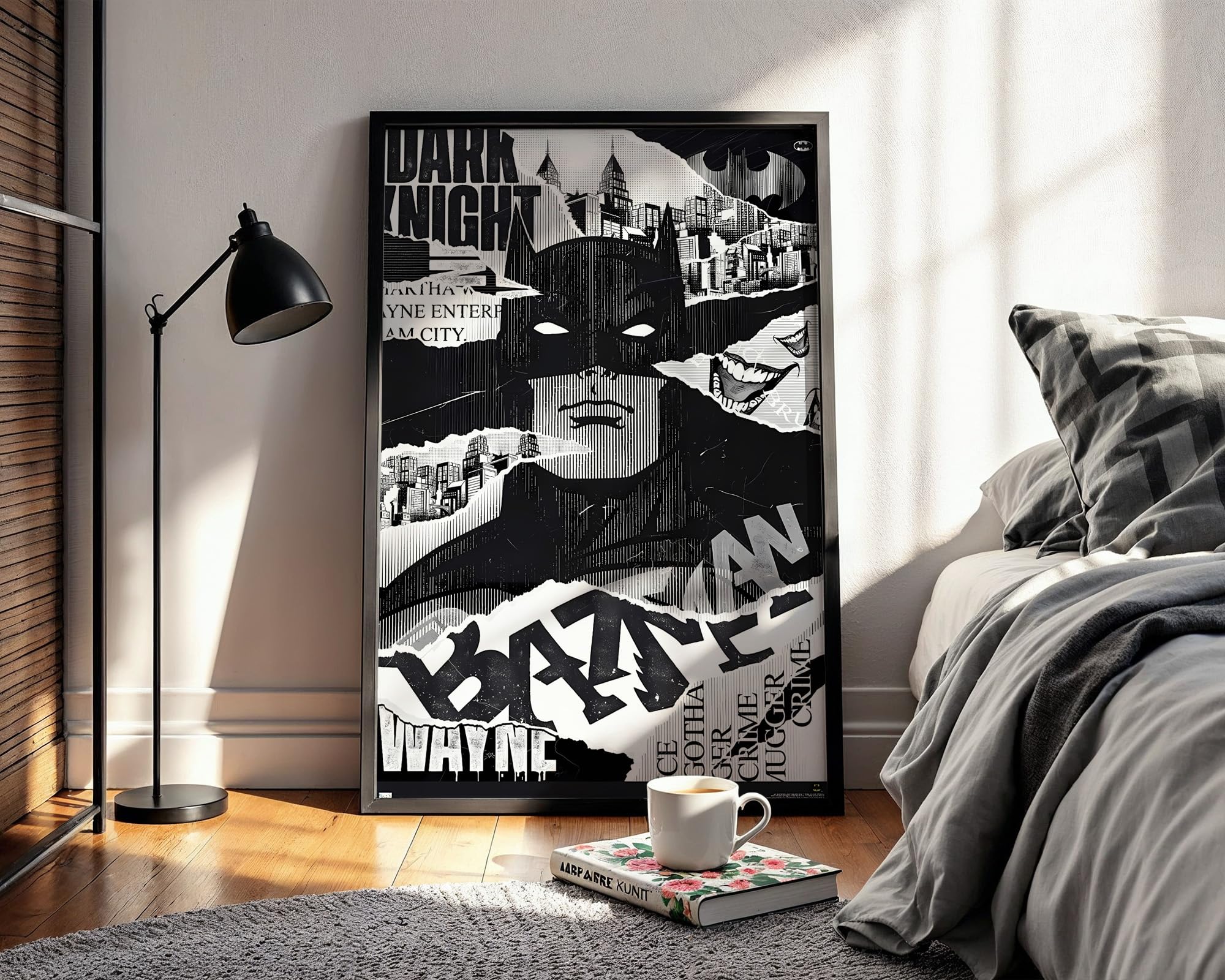 Waltractive Wood Batman Dark Knight Framed Wall Art Â– Black & White Comic-Style Poster Â– Available in 33x22 & 48x33 CM Â– Classic Superhero Framed Artwork for Bedroom and Dorm Decor