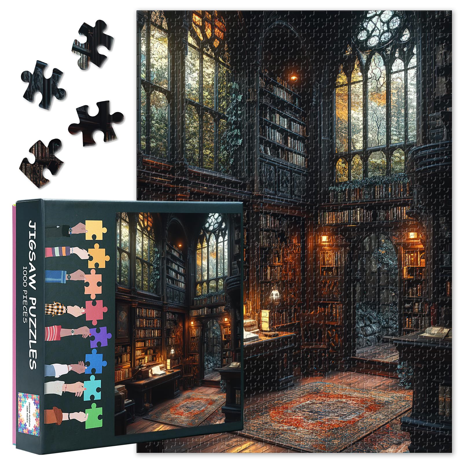 1000 Piece Jigsaw Puzzle -Dark Library Interior Paintings, 50x70cm Complex Artwork, Bookshelves Desk and Large Windows Jigsaw Puzzles, Family Challenge Night