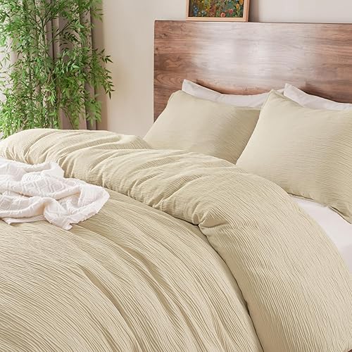 PHF Crinkle Comforter Set King Size, Breathable & Soft Cozy Bedding Sets for All Seasons, 3PCS, 1 Warm Lightweight Fluffy Comfy Like Muslin Comforter (104"x90"), 2 Pillow Shams(20"x36"), Sand