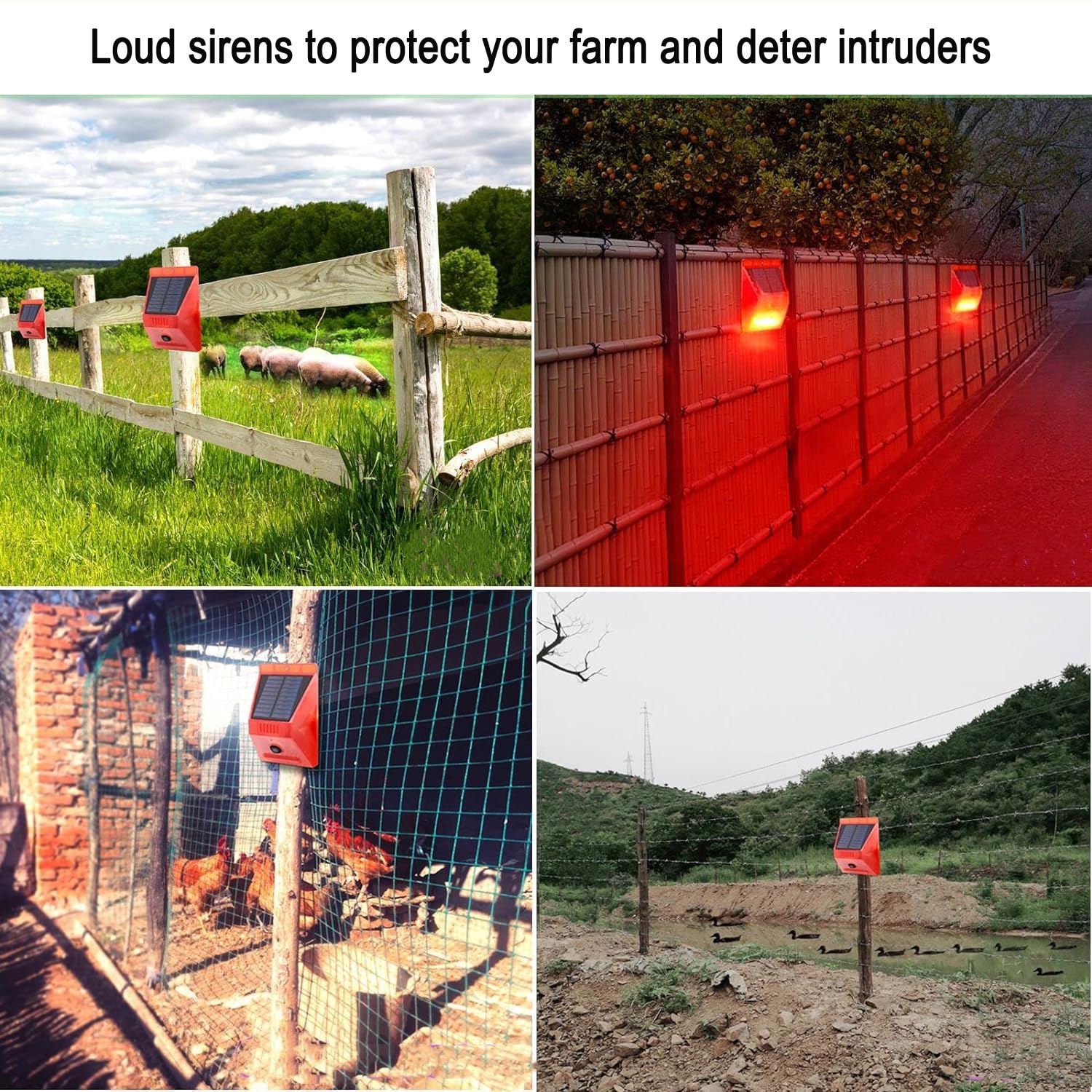 2 Stück Solar Bewegungsmelder Alarm 129 dB Laute Sirene und Blitzstroboskop | Wetterfest Einbruchschutz für Außen mit 4 Modi, leicht steuerbar mit Fernbedienung für Garten & Bauernhöfe