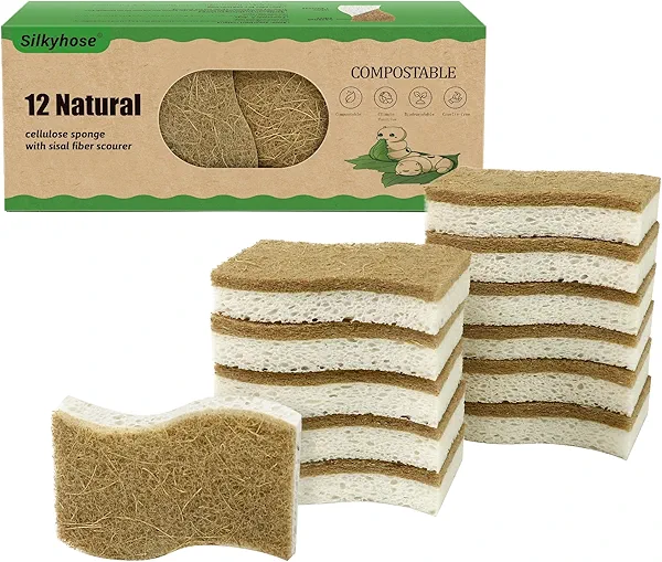 Silkyhose Biodegradable Natural Kitchen Sponge, Compostable Cellulose and Coconut Scrubber Eco-Friendly Dishwashing Sponge, 12 Pack Household Cleaning Foam for Dishes