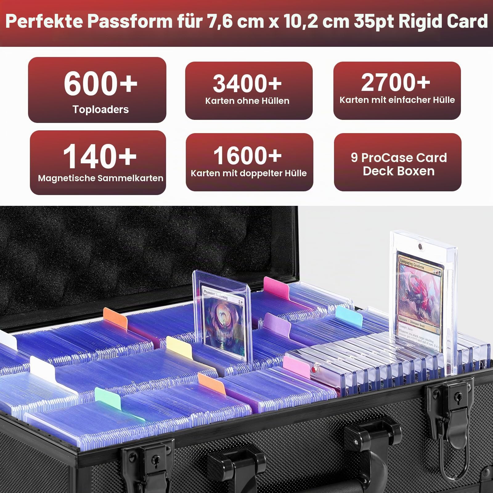ProCase Stoßfest Toploader Sammelkarten Aufbewahrungsbox, Aluminiumstruktur-Schließfach mit Verstellbaren Teiler für 600+ Toploader, Magnetkartenhalter, MTG, TCG, Yugioh, Sportkarten -Schwarz