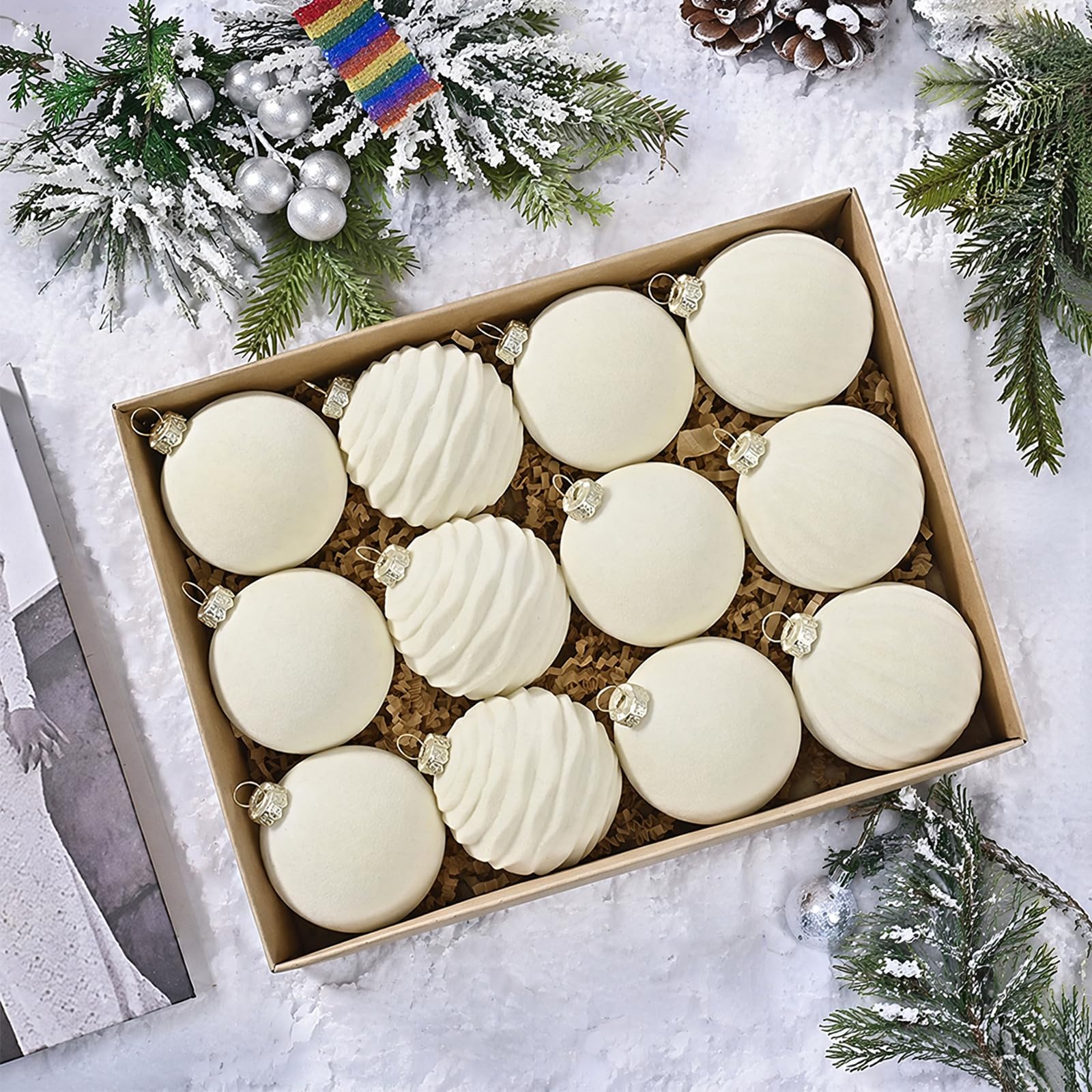 12Pcs 6cm Shatterproof Flocked Velvet Christmas Baubles (Beige)