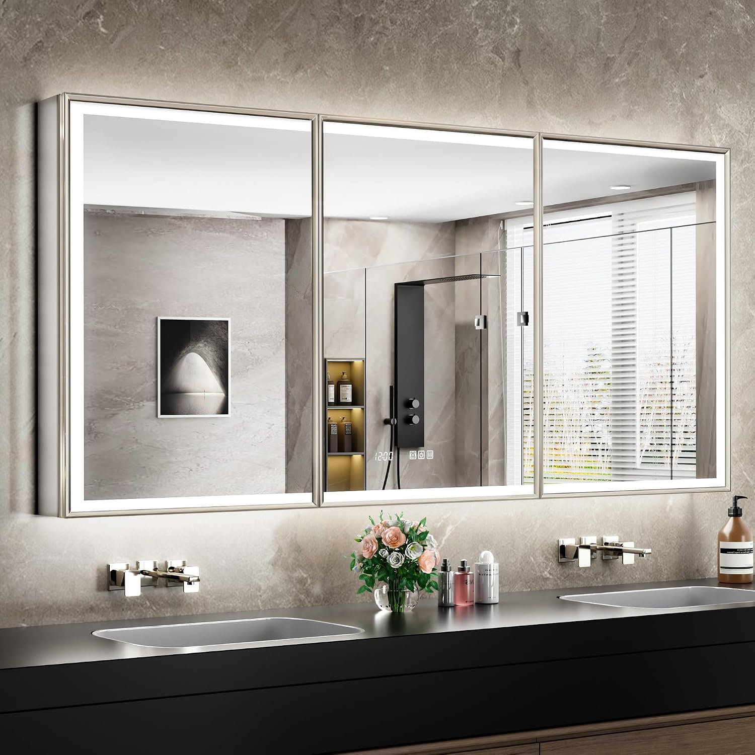 72x30 Lights Medicine Mirror Cabinet, Beveled Brushed Nickel Frame
