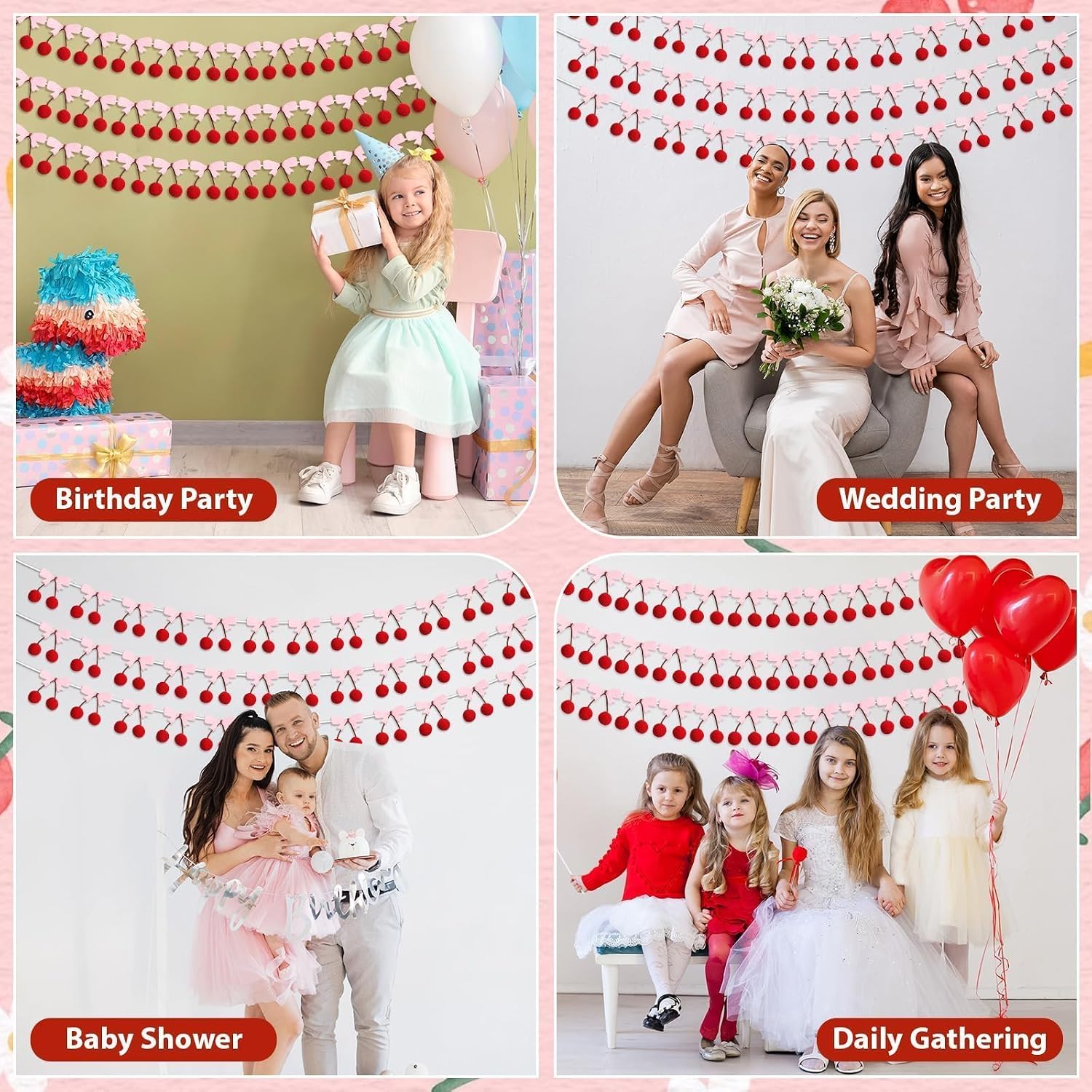 3 Pcs Bow Cherry Garland Party Decorations Pre-Strung Pink Bow 3D Pom Poms Hanging Banner Cute Felt Fruit Cherry Garland for Birthday Baby Shower Bachelorette Wall Door Party Favor Supplies