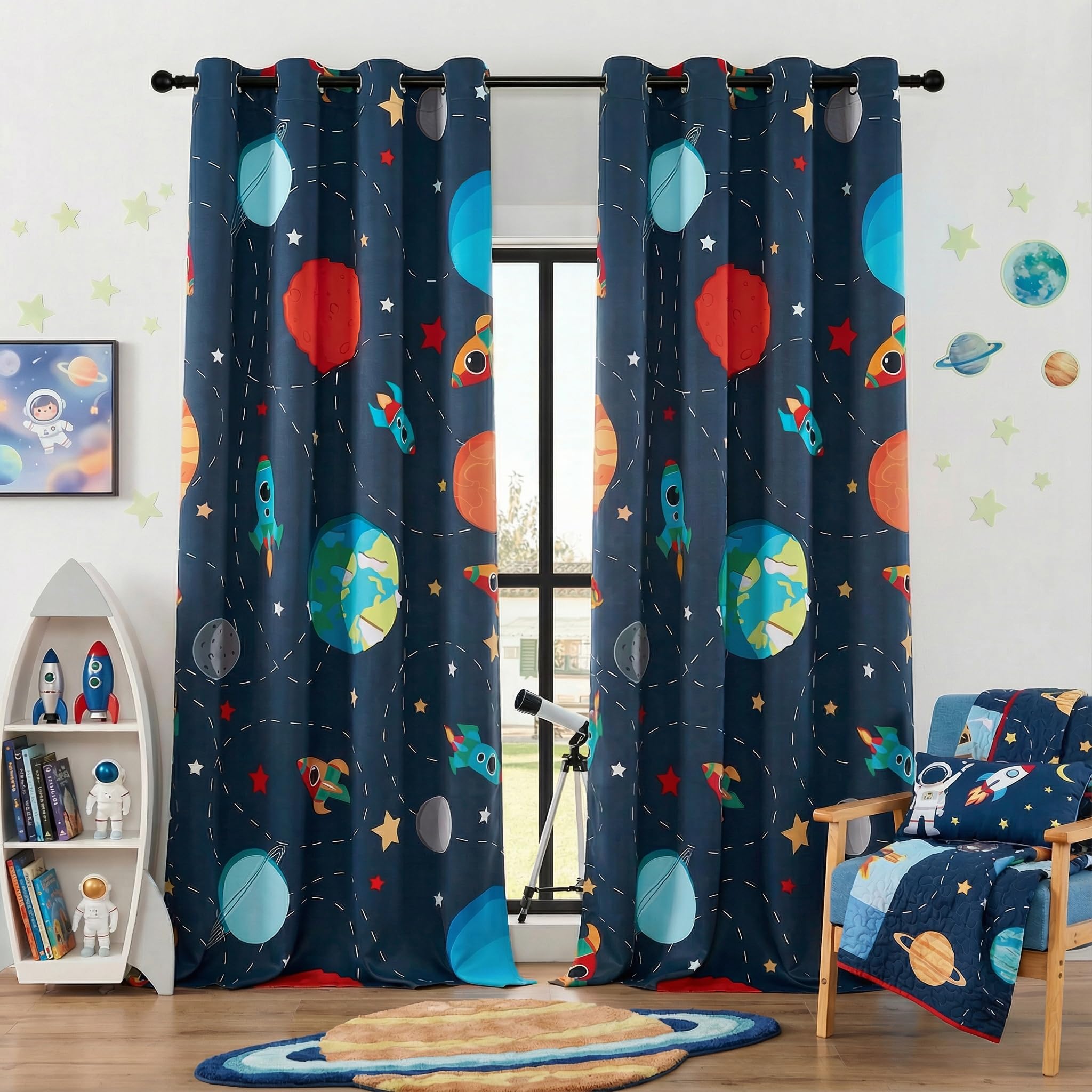 BOHOMOCASA Kids Space Themed Blackout Curtains - 100% Blackout Perfect for Kids Room, Spark Kids Imagination with Vibrant Cosmos Designs, Noise Reduction, Thermal Insulated, (2 Panels W52×L96)