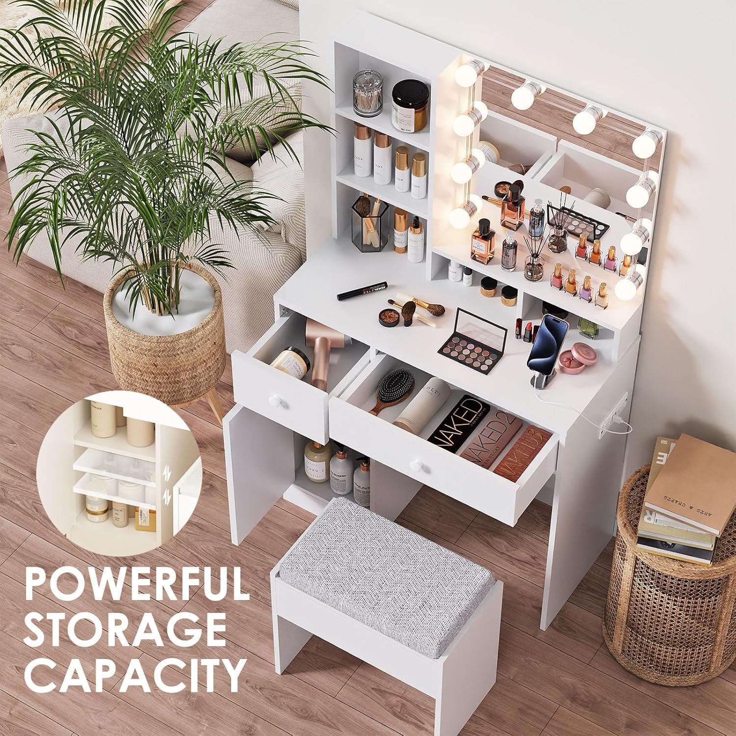 Vanity Desk with Mirror and Lights & Power Strip,Small Vanity for Small Space,Modern Makeup Table with 4 Drawers and Stool for Bedroom,White