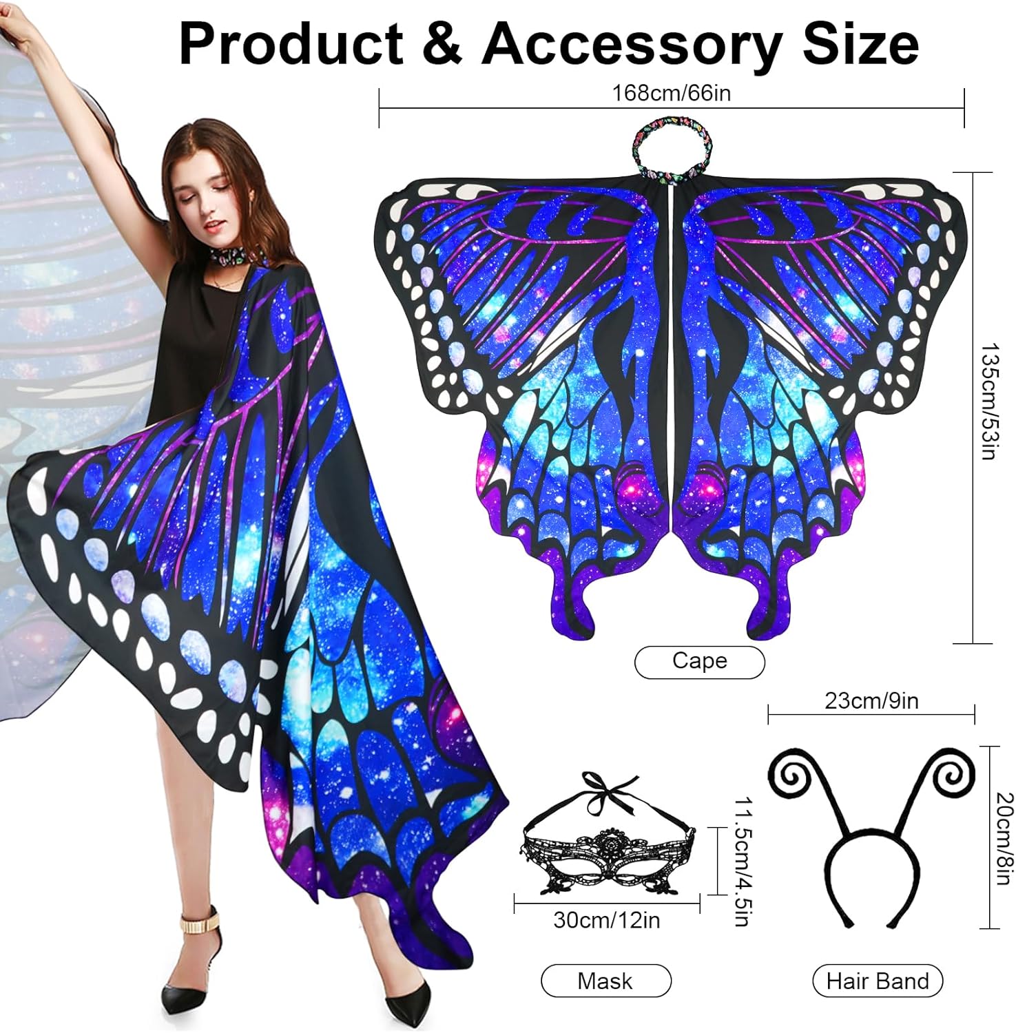 Halloween Costumes Women Adult Butterfly Costume Wings Cape with Lace Mask and butterfly Headband - Image 2