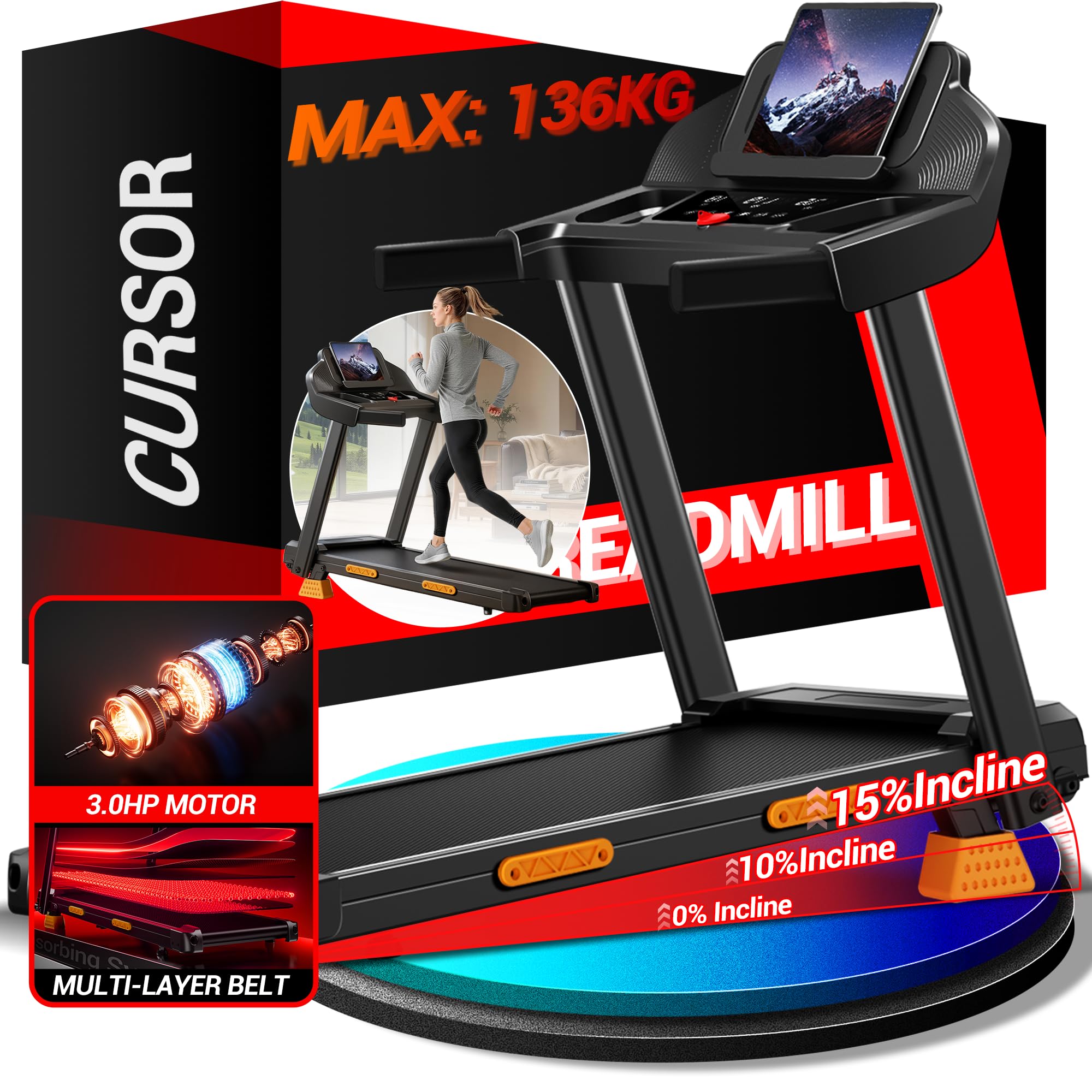 CURSOR Laufband für Zuhause Klappbar mit Steigung 15%