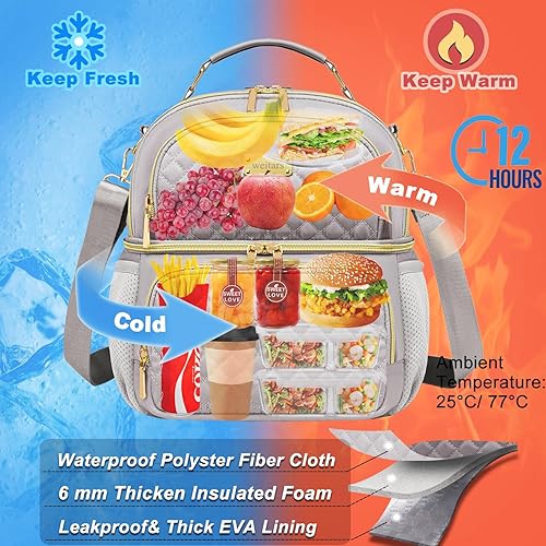 Miniatura 5 de Weitars Bolsa de almuerzo para mujer, lonchera de doble compartimento para mujer, bolsa de almuerzo para el trabajo, bolsa térmica térmica a prueba