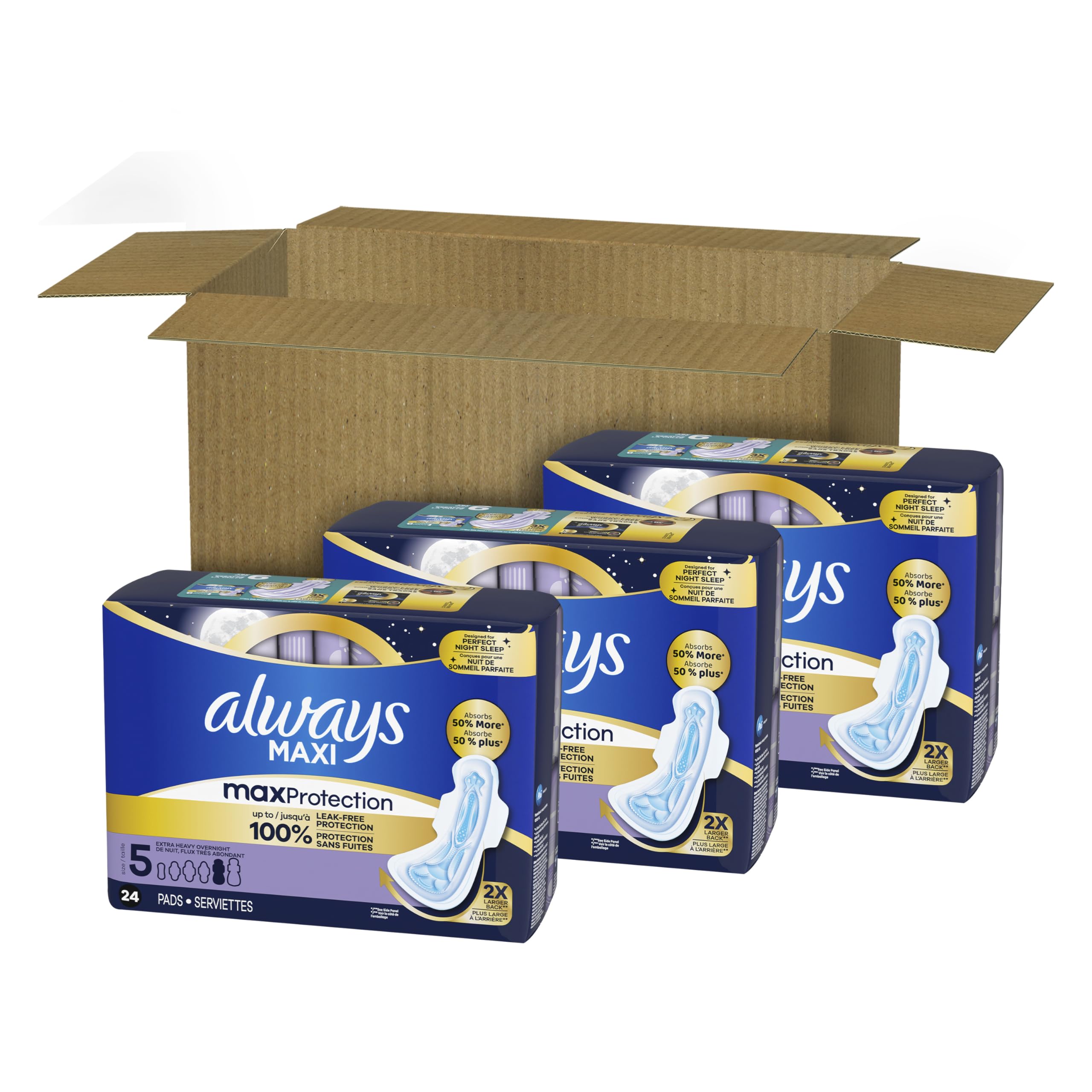 Always Maxi Overnight Pads con alas, tamaño 5, extra pesadas durante la noche, sin perfume, 72 unidades