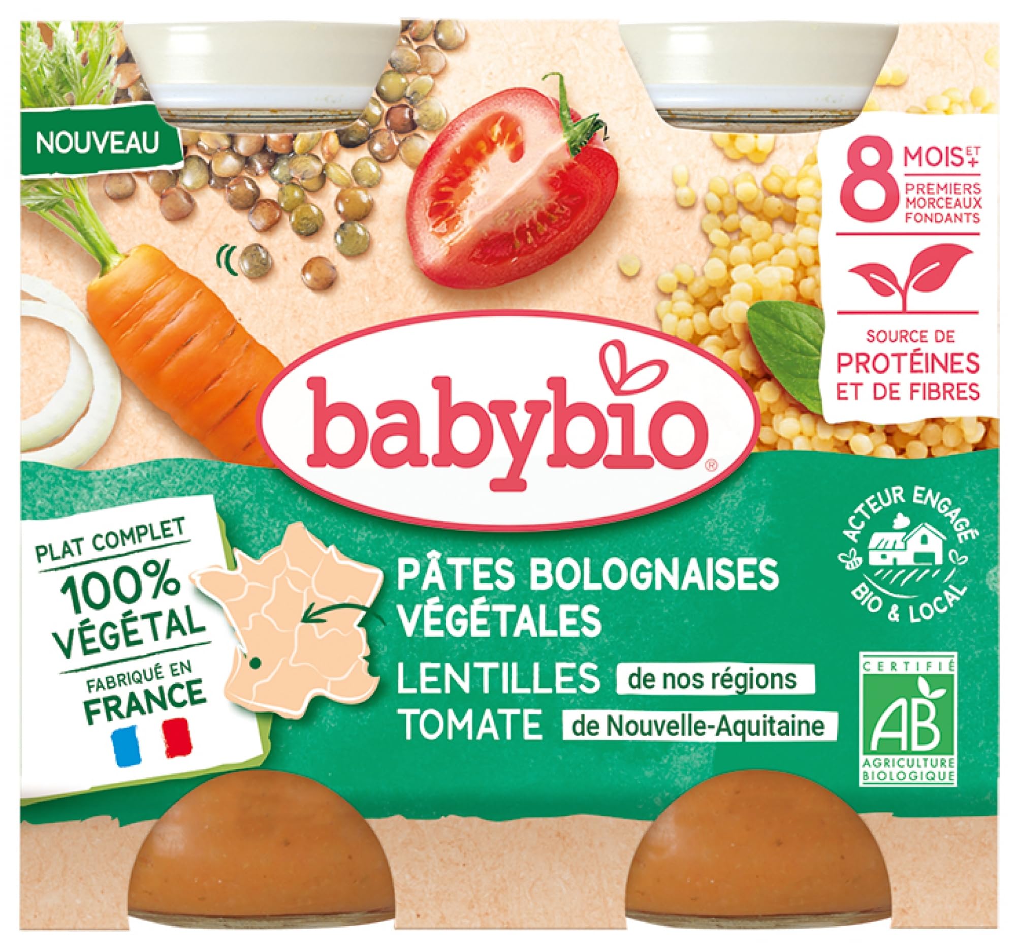Babybio Pâtes Bolognaises Végétales Lentilles Tomate 8 Mois et + Bio 2 Pots de 200 g
