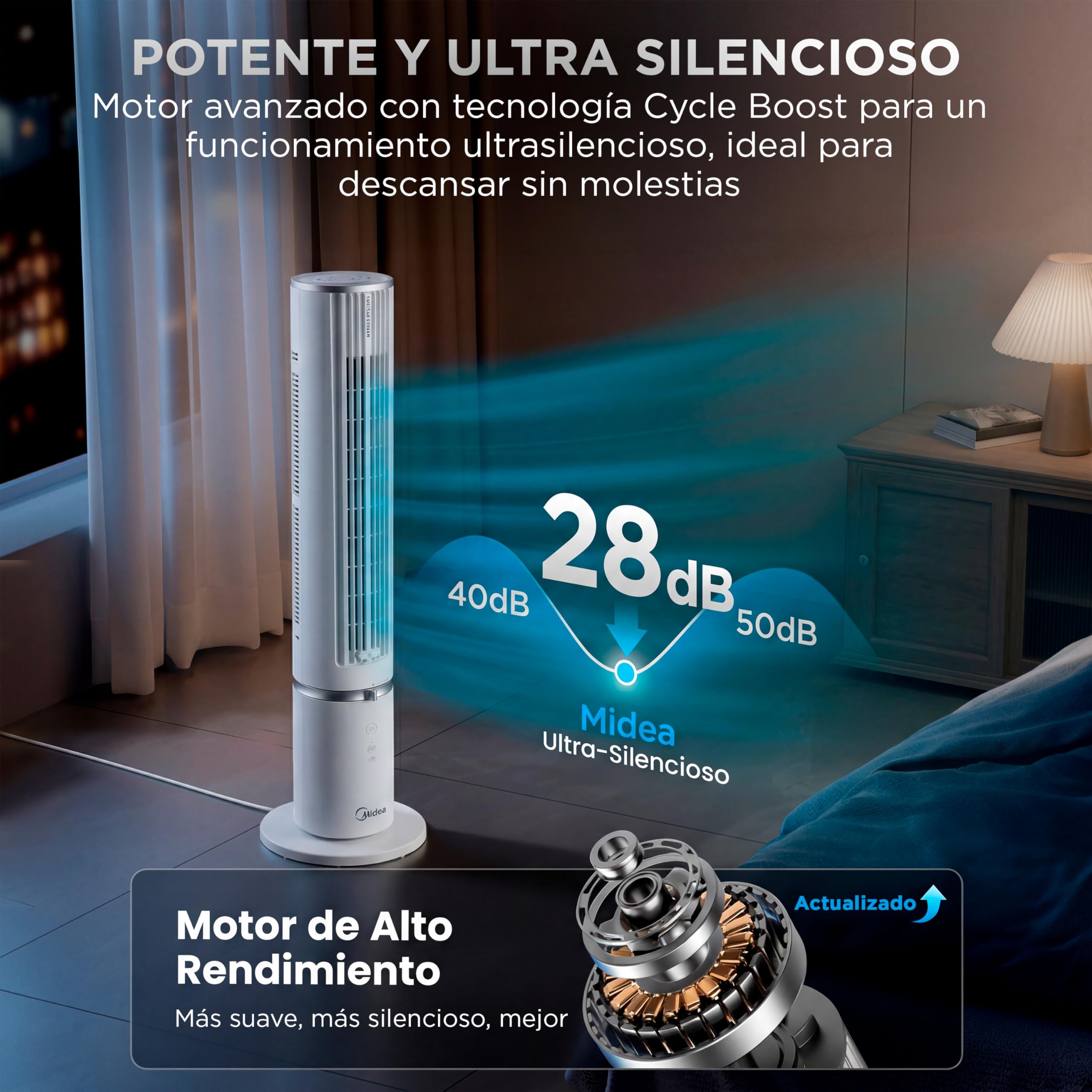 Midea Ventilador Torre con Mando a Distancia de 4 Velocidades - Ventilador de Torre Silencioso con Oscilación 90º, Temporizador 7h, Distancia 9m/s, 2 Modos, con Caja de Aromaterapia y Modo Sleep