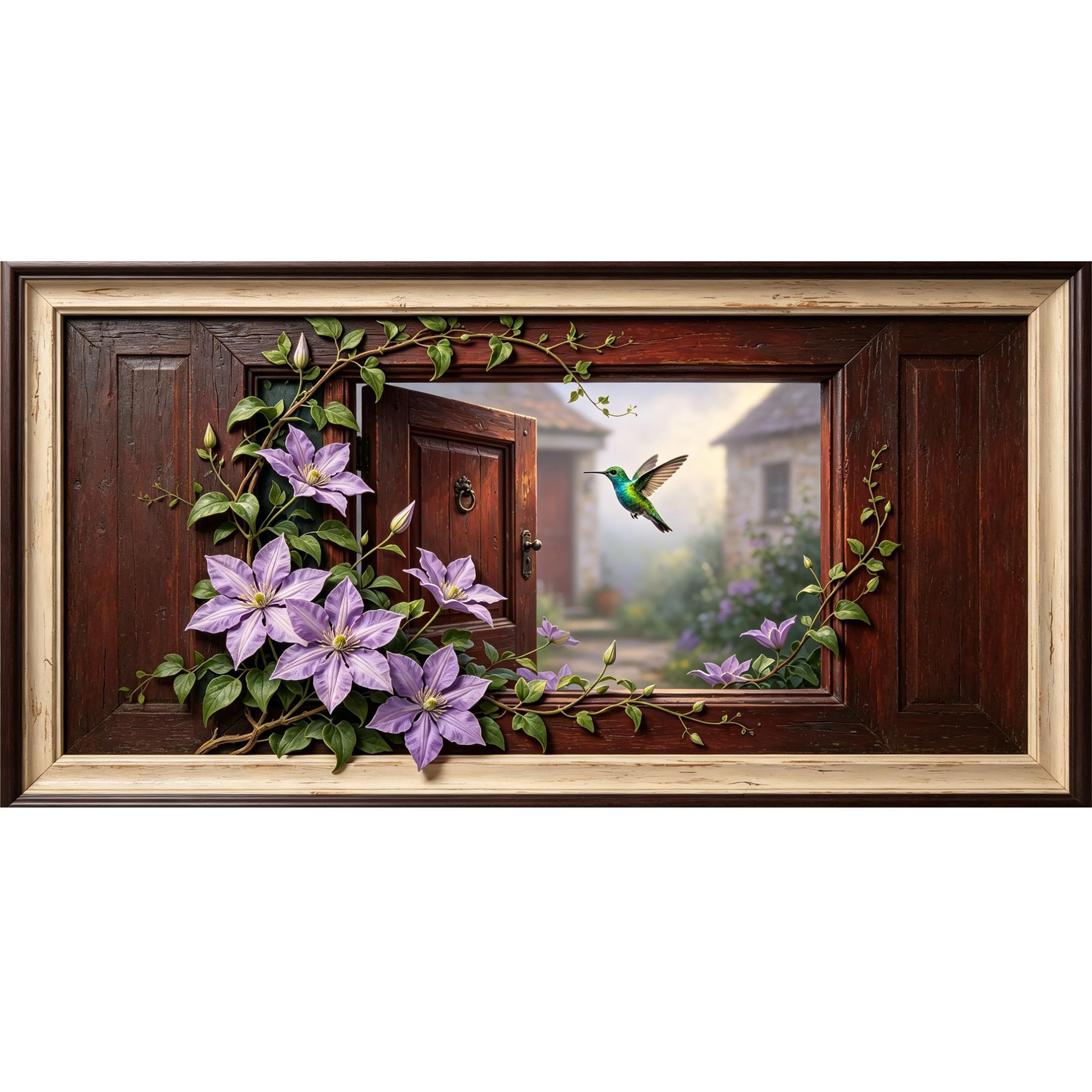 Agglomerix 3D Framed Wall Art Purple Clematis Flowers and Hummingbird Botanical Trompe l’oeil Window View Large Size Self-Adhesive Removable Wall Decor Prints Artwork for Living Room Bedroom Office