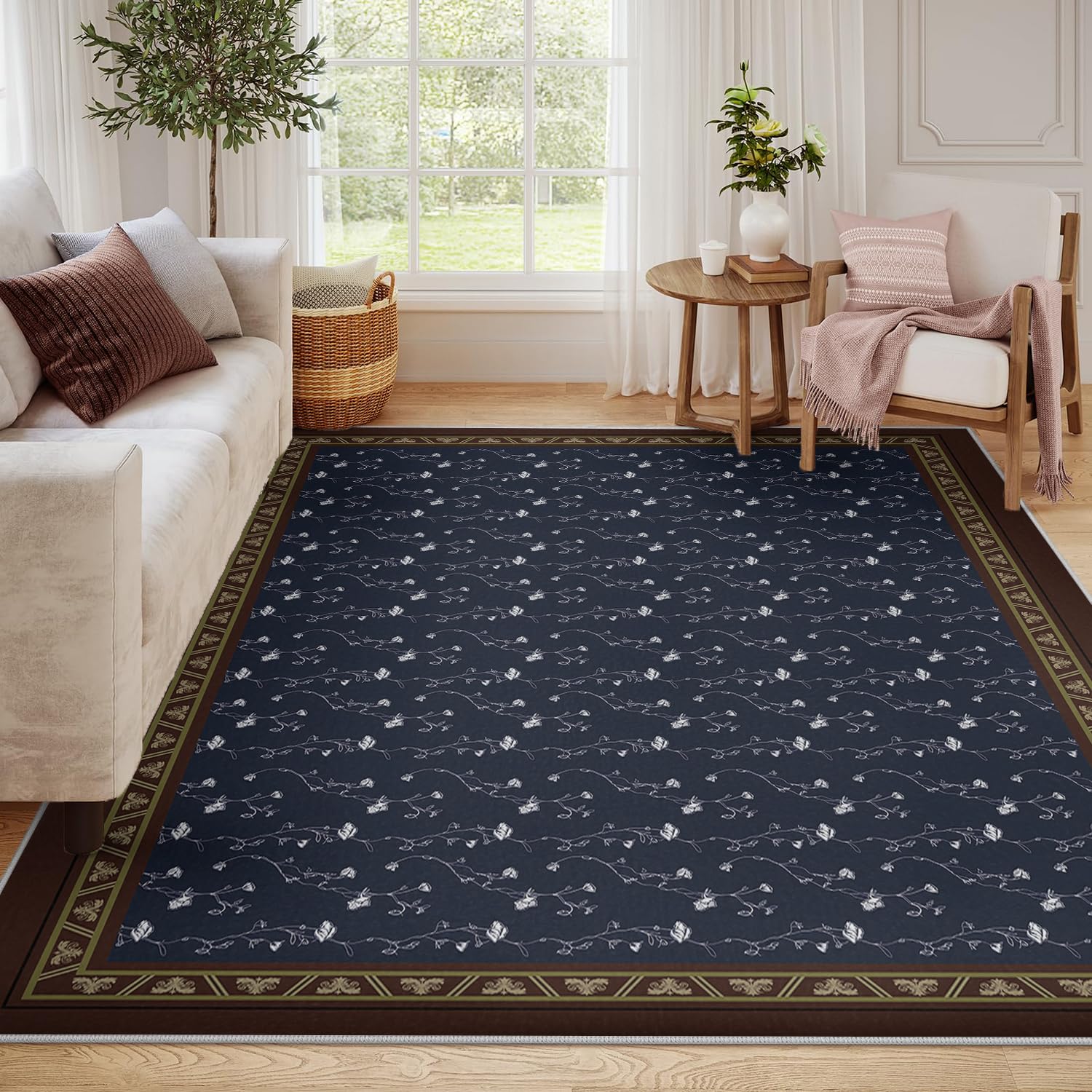 Tapis bleu foncé 80x150cm fleuri rose au style vintage et botanique pour chambre et chevet