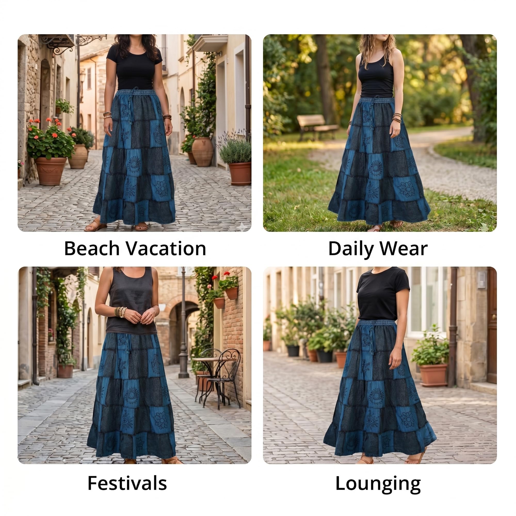 Ezhippie Langer Damenrock, Bohemian-Stil, Baumwolle, Patchwork, Hippie, Festival, , langer Rock
