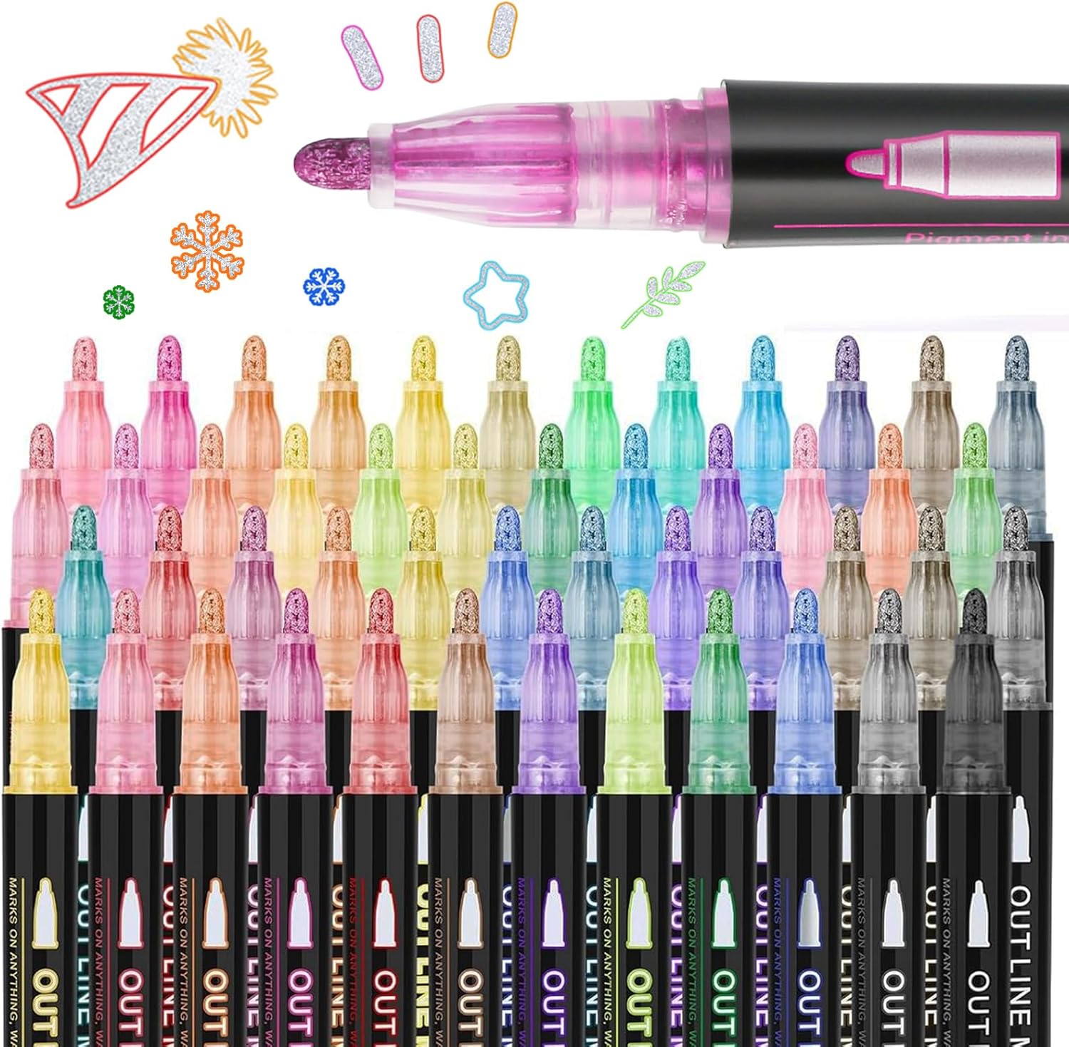 48 Colors Outline Markers,Double Line Shimmer Marker Pens for Christmas Greeting Cards,Scrapbook Crafts,Doodling,DIY Art Crafts,Easter Egg,Metal,Ceramic,Glass,Christmas Decor (48colors)
