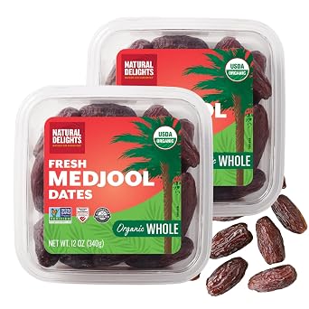 Natural Delights Organic Medjool Dates Whole - USDA Certified Organic Fruit, Good Source of Fiber & Potassium, Naturally Sweet, Snack for On-the-Go, Large & Plump Dates - 12 oz Tub Pack of 2