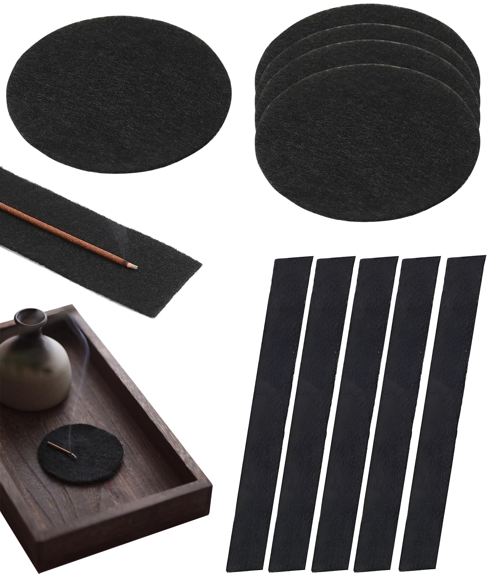 防火綿 線香マット 2種類 丸型/長方形 香炉用 防火フェルト 横型 円型香炉 不燃マット 線香ホルダー用 コイル香/タワー香/スティック香 前面カーボンファイバー 背面アルミホイル 二重保護 自由裁断 音楽室 茶室 瞑想教室 交換用 丸型8cm 長方形21.5×2.3cm 各5枚 10枚セット