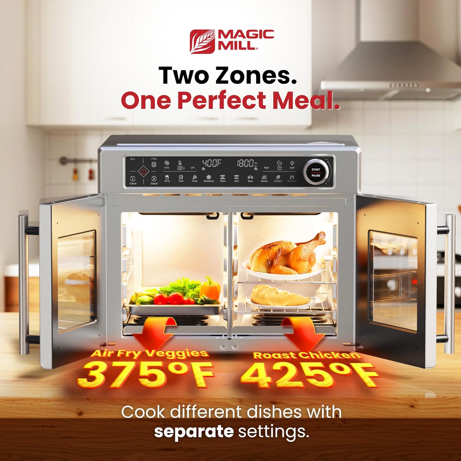 Magic Mill Ultra-Premium Dual-Zone Stainless Steel Air Fryer Toaster Oven Combo, Extra Large 32QT French Door Convection Oven with Next-Gen Patent Technology, 13 Accessories, Rotisserie, Sync Finish