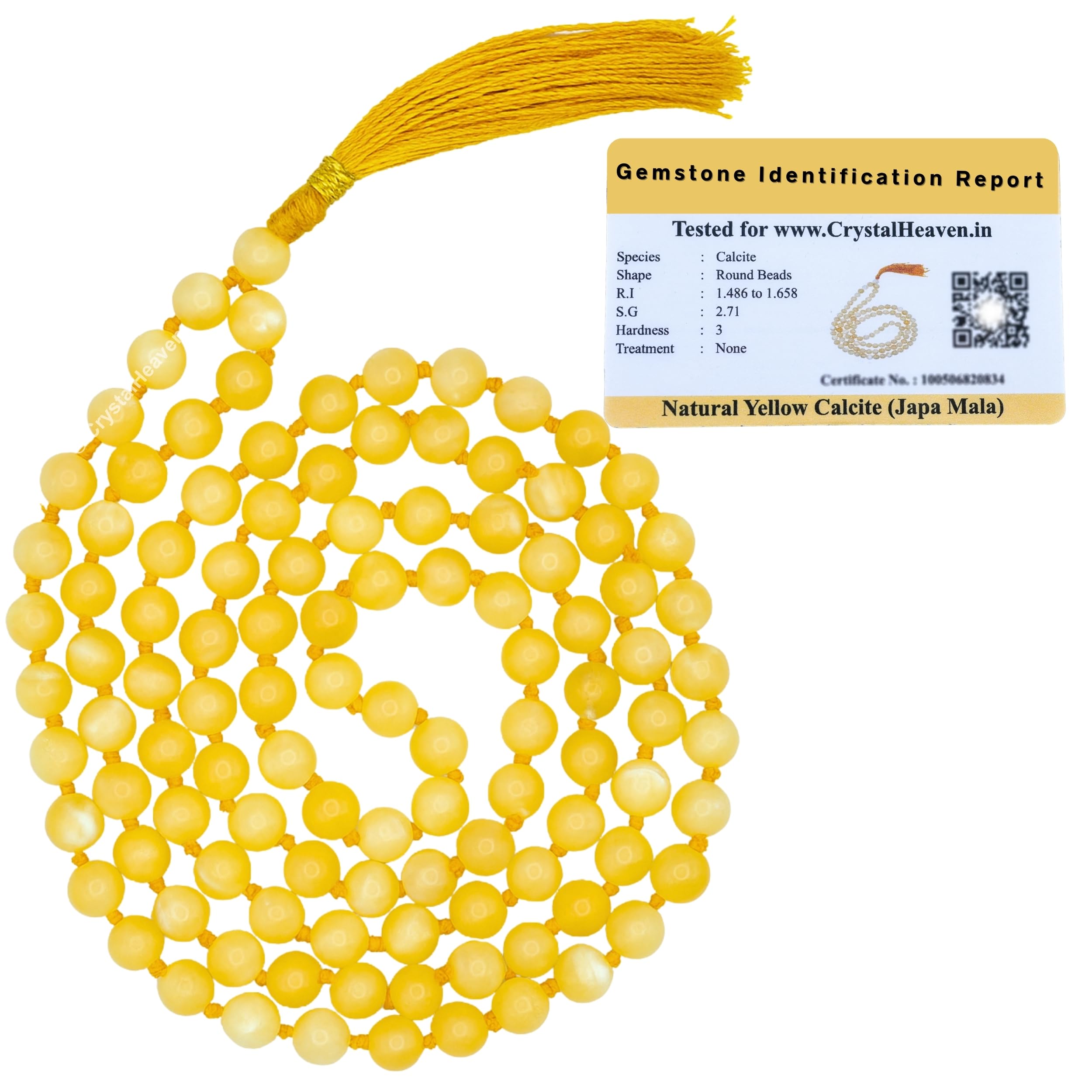 Certified Yellow Calcite Crystal Japa Mala Ganthi - 108 Beads Buddhist Prayer Beads - AAA Grade Original Healing Gemstone Agate Mala for Yoga Meditation Spiritual Reiki Feng Shui