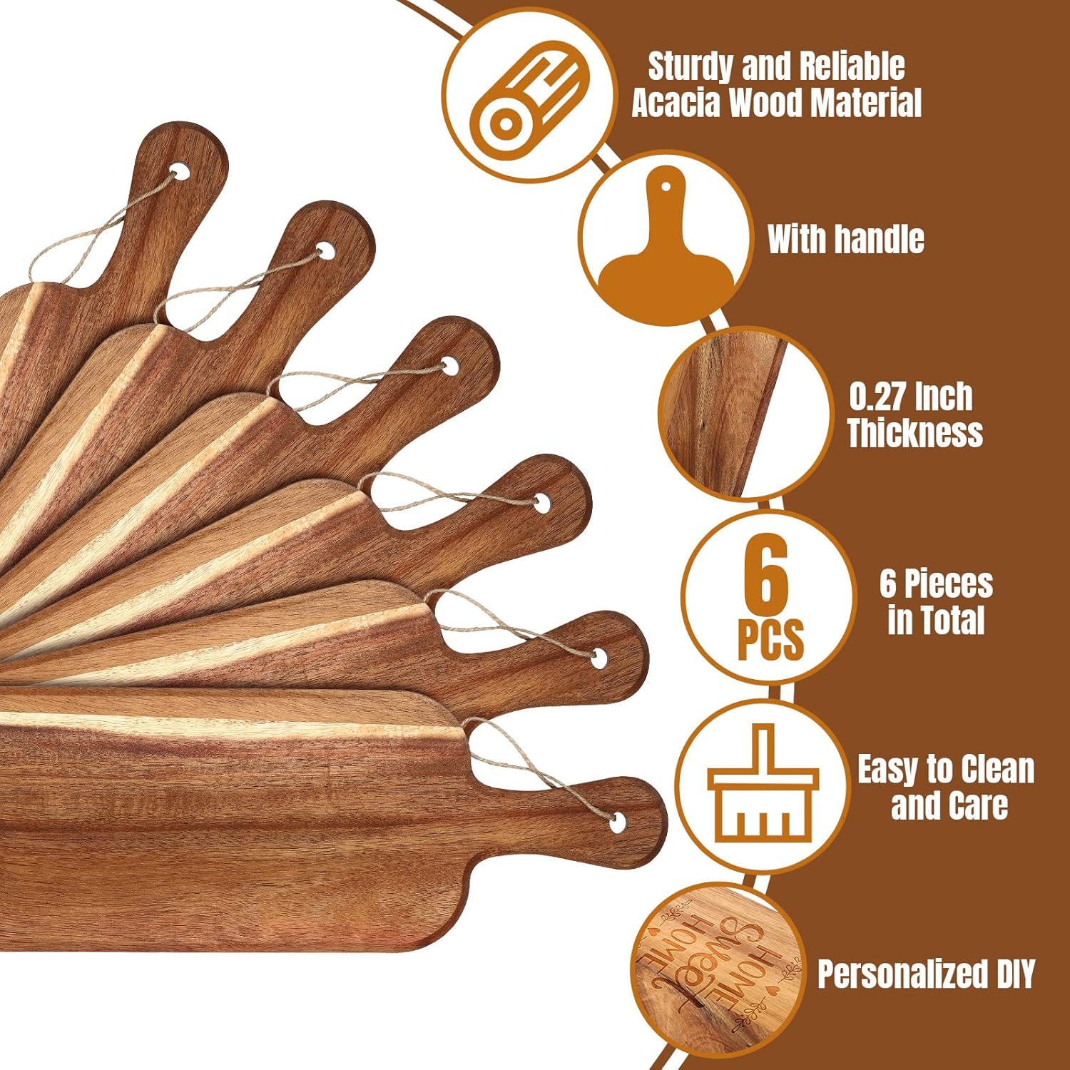 Patelai 6 Pcs Cutting Board Set with Handles Laser Engraving Wooden Charcuterie Kitchen Plain Serving Chopping Board Bulk for DIY Housewarming(Acacia Wood,16 x 5 Inch)