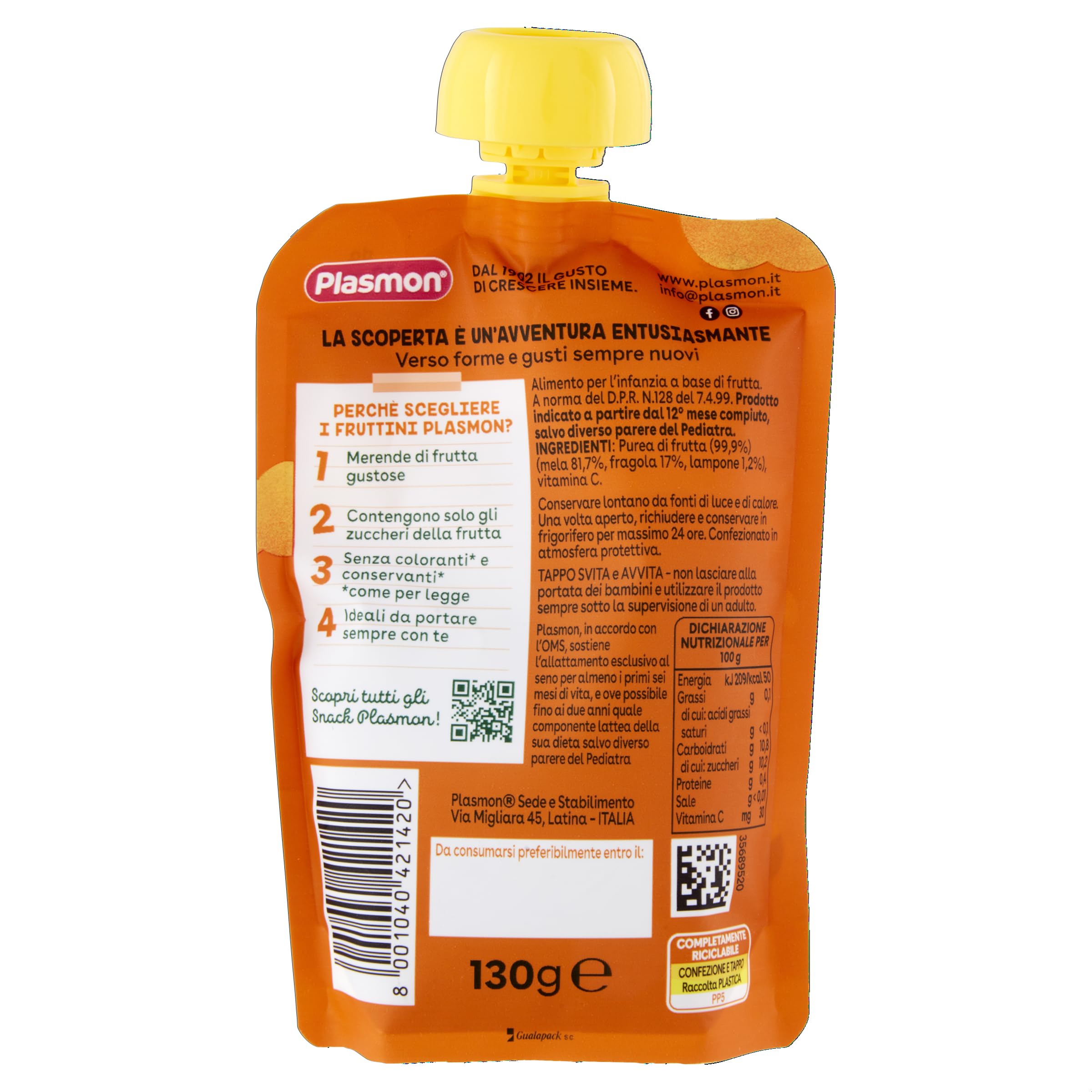 Plasmon I Fruttini - Mela, Fragola e Lampone 6x130g - 3