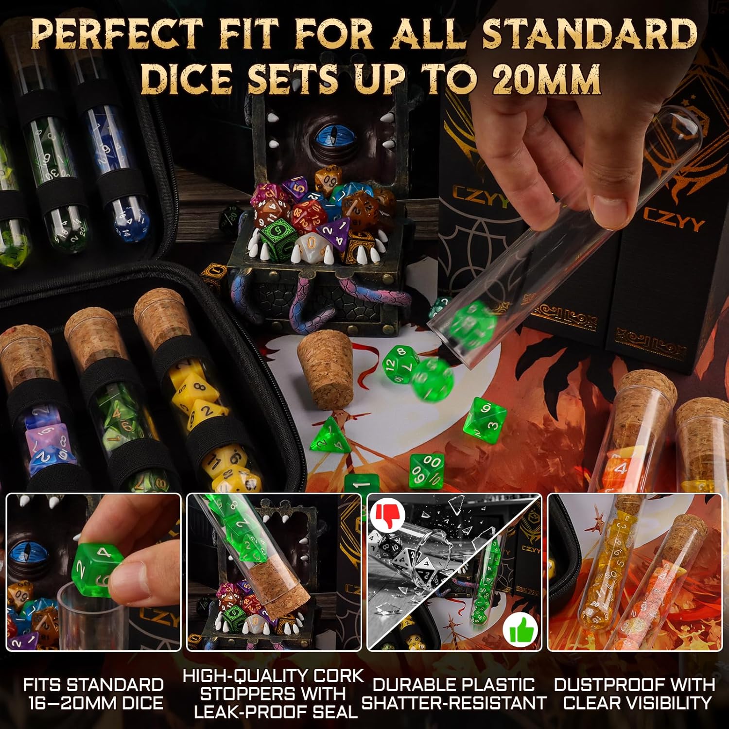 CZYY Dice Alchemy Case – EVA Zipper Organizer with 16 Potion Flasks & Fantasy Stickers for RPG Dice Storage & Display – Portable Dice Goblin Gift for DND, Pathfinder, TTRPGs (EVA Organizer)