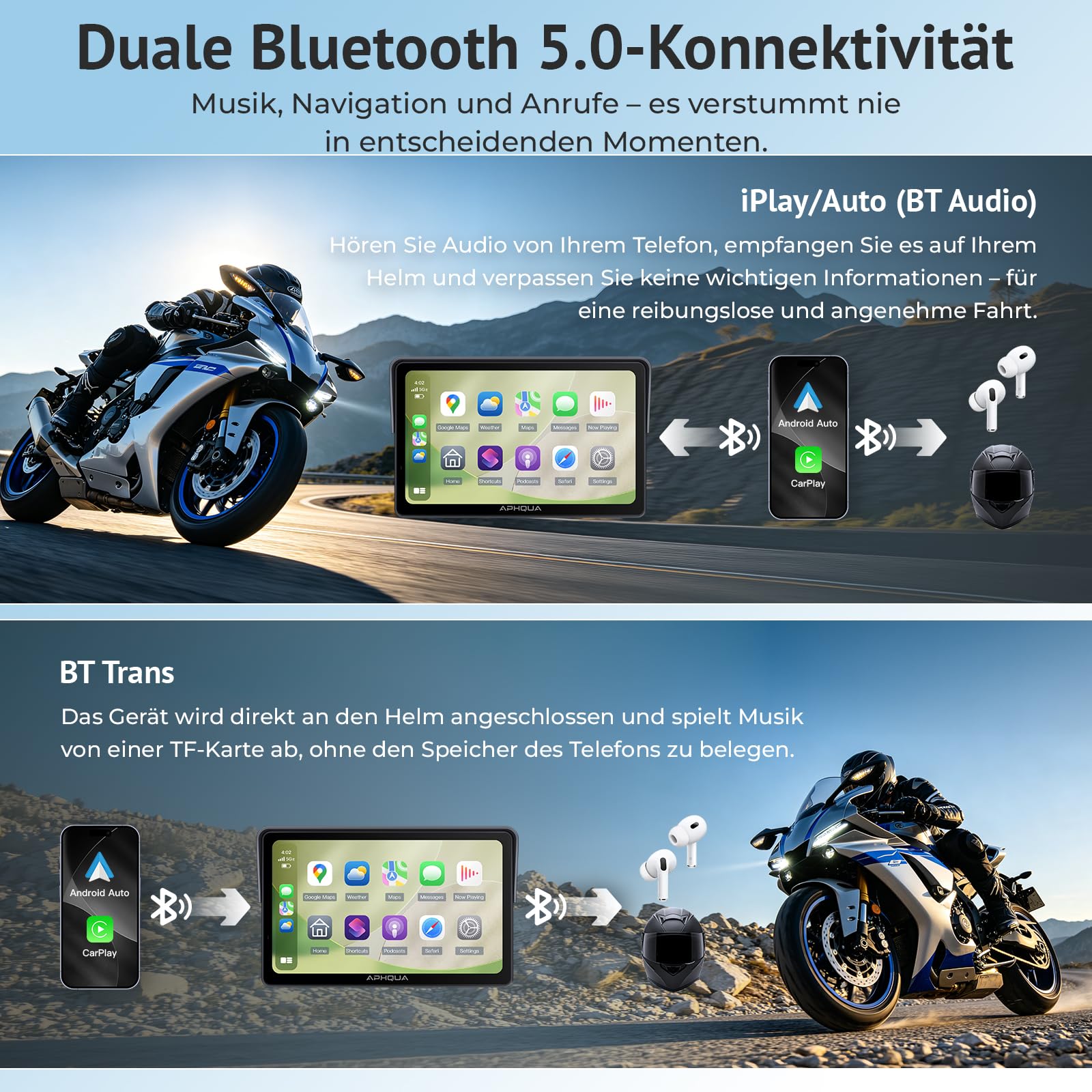 Motorrad CarPlay 5 Zoll Touchscreen Display, IP67 wasserdicht, TPMS