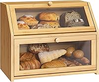 BMOSU Double Layer Bamboo Farmhouse Bread Box - Extra Large Wooden Kitchen Countertop Storage for Bread, Rolls & Utensils (Natural)
