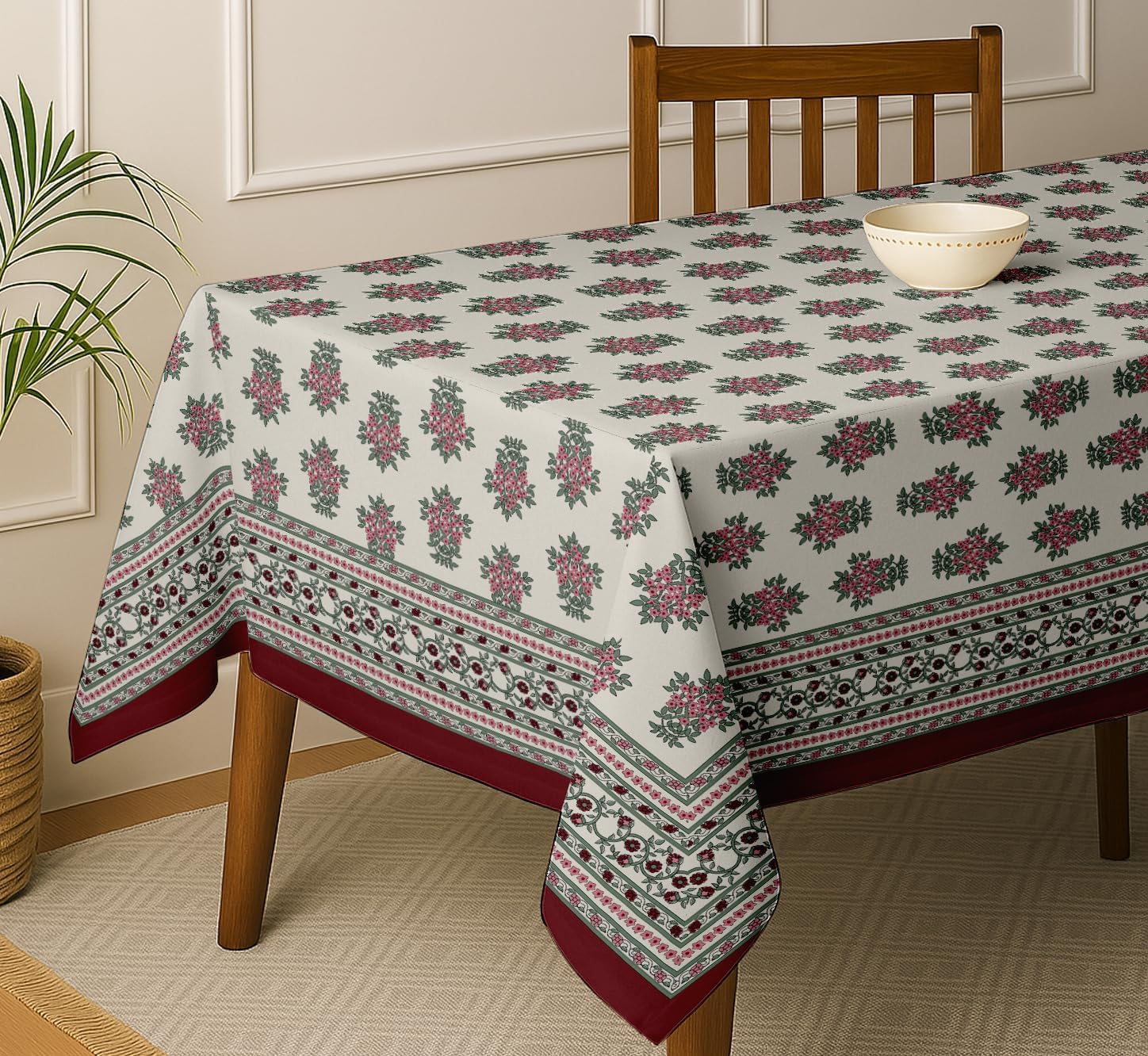 Floral Design Tablecloth- White 60x60 Inch Cotton Twill Dining Table Cover, Perfect for 4 Seater Tables, Durable, Protective & Washable, Ideal for Everyday Use, Festive Occasions & Gathering