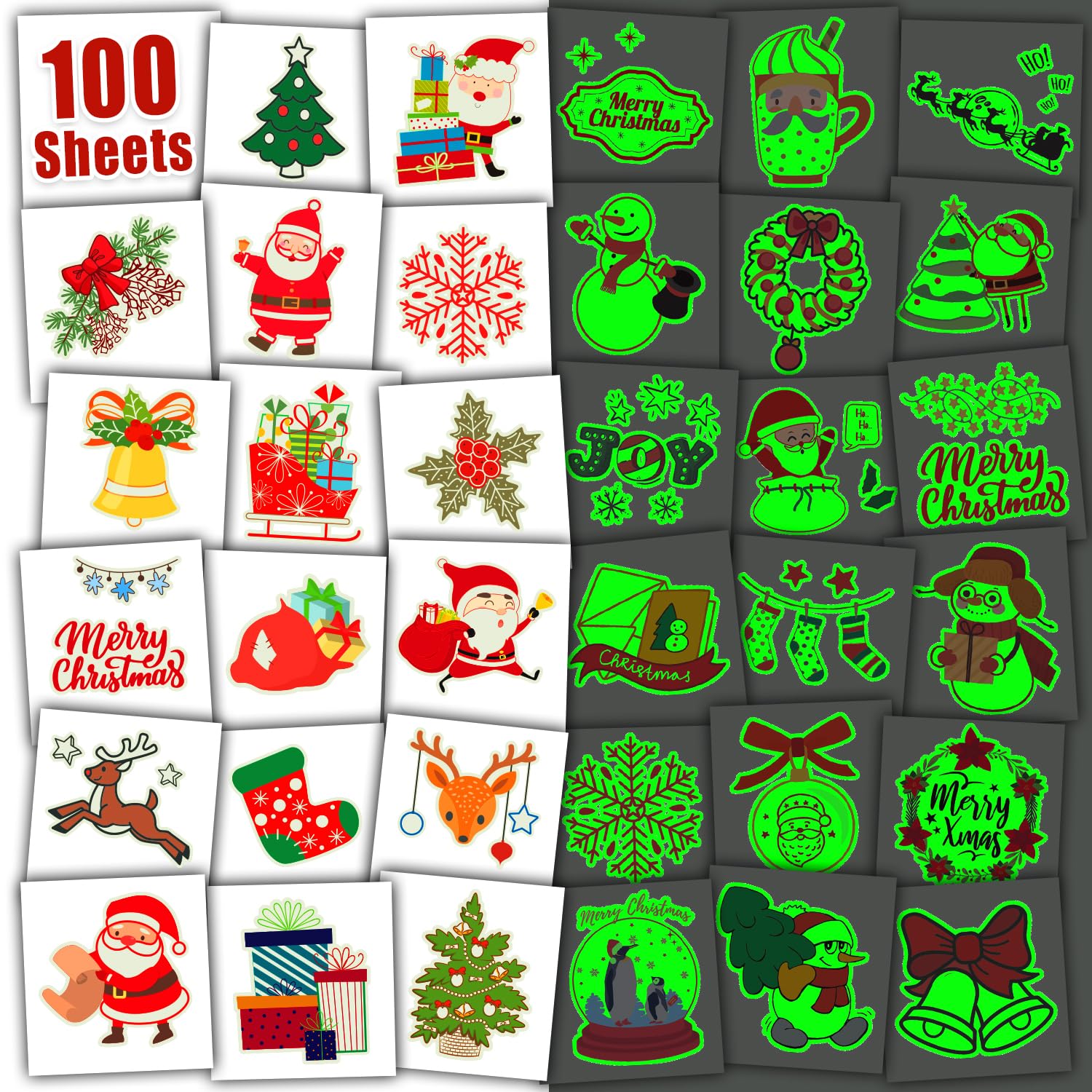 Leesgel Remplissages Pour Calendrier De L'Avent, 100 Feuilles Briller Dans Le Noir Tatouage Individuel Enfant, Tatouage Ephemere Pour Decoration Noel Pinata Anniversaire Fete Cadeau Jouet Enfant