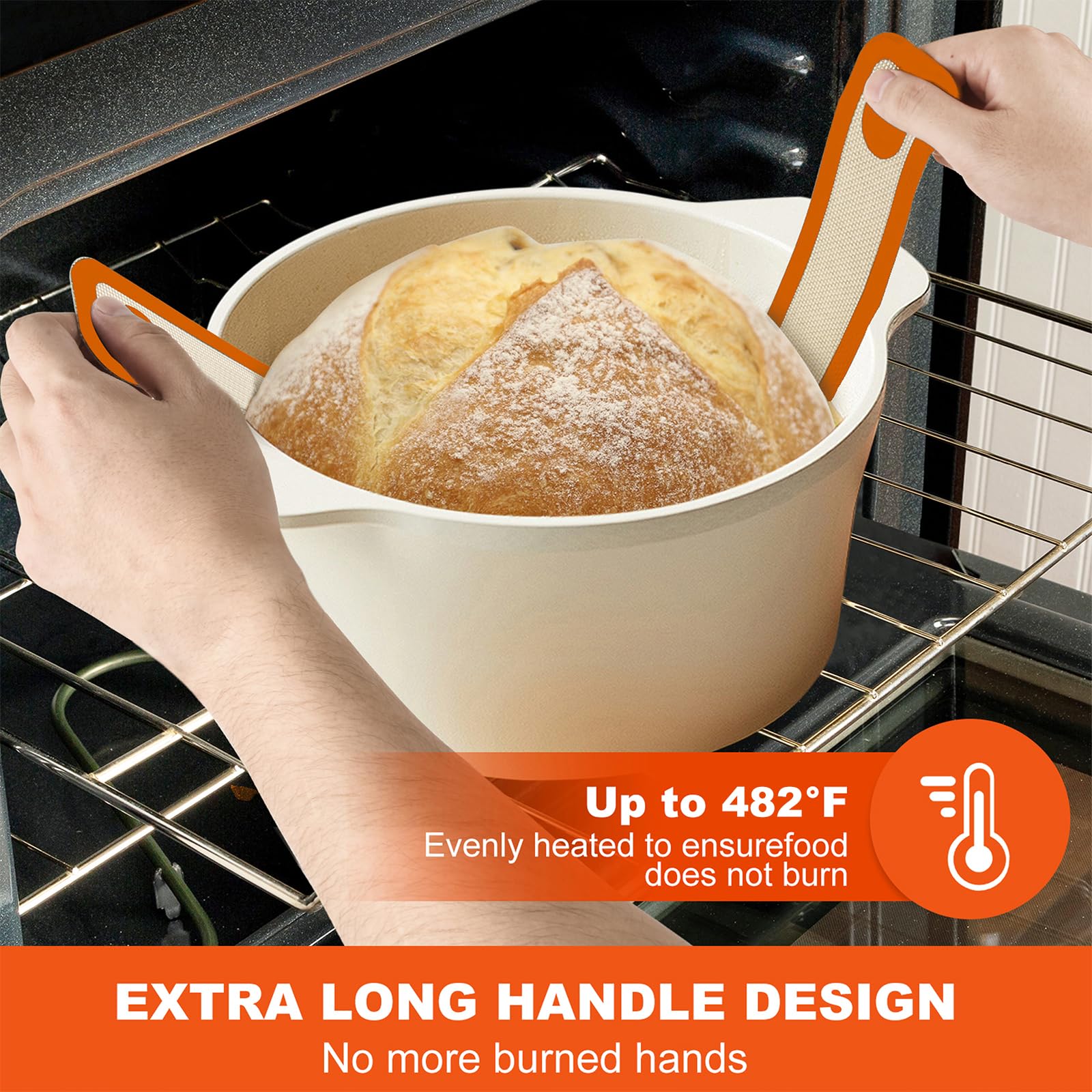 PLAPITATE Forro de silicona para horno holandés, antiadherente y fácil de limpiar, reutilizable, ovalada y redonda, con asas largas, fácil de transferir pan de masa madre, juego de 2 naranjas
