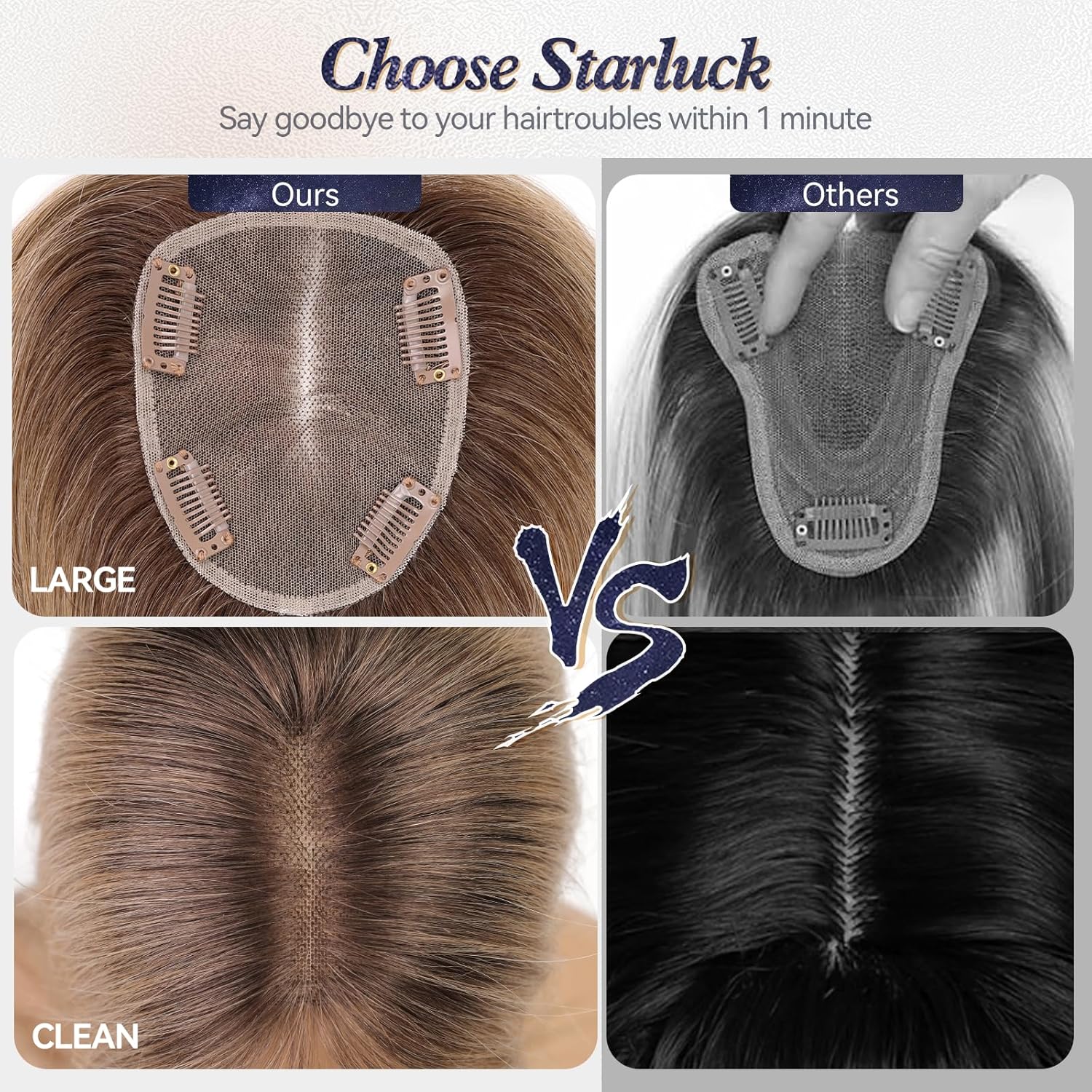 starluck Human Hair Toppers for Women Real Human Hair With Bangs,SilkHug Hand-woven Free Part 4"*4.8" Base Cover Gray Roots, Breathable（Ombre Light Brown）