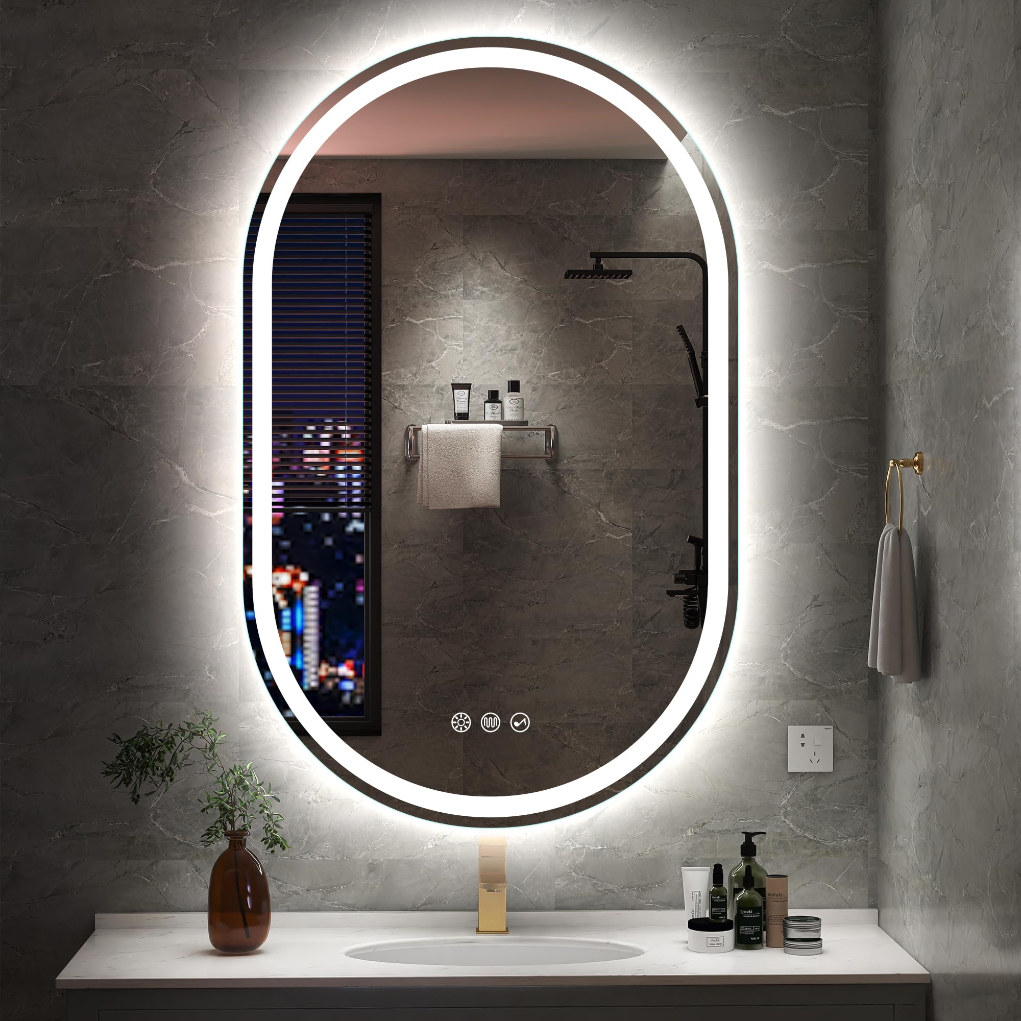 S'bagno Oval Espejo Baño con Luz 50x80cm, Espejo Baño Led Bluetooth con Antivaho, 3000K/4000K/6500K, Regulable, Memoria, Cristal Templado HD, IP44 Espejo de Baño con Luz Led, Horizontal/Vertical